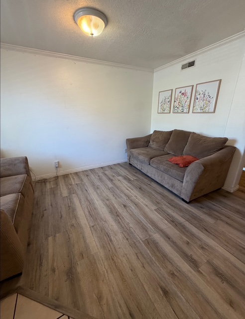 Spacious room featuring wood-finish flooring, white baseboards, and crown molding