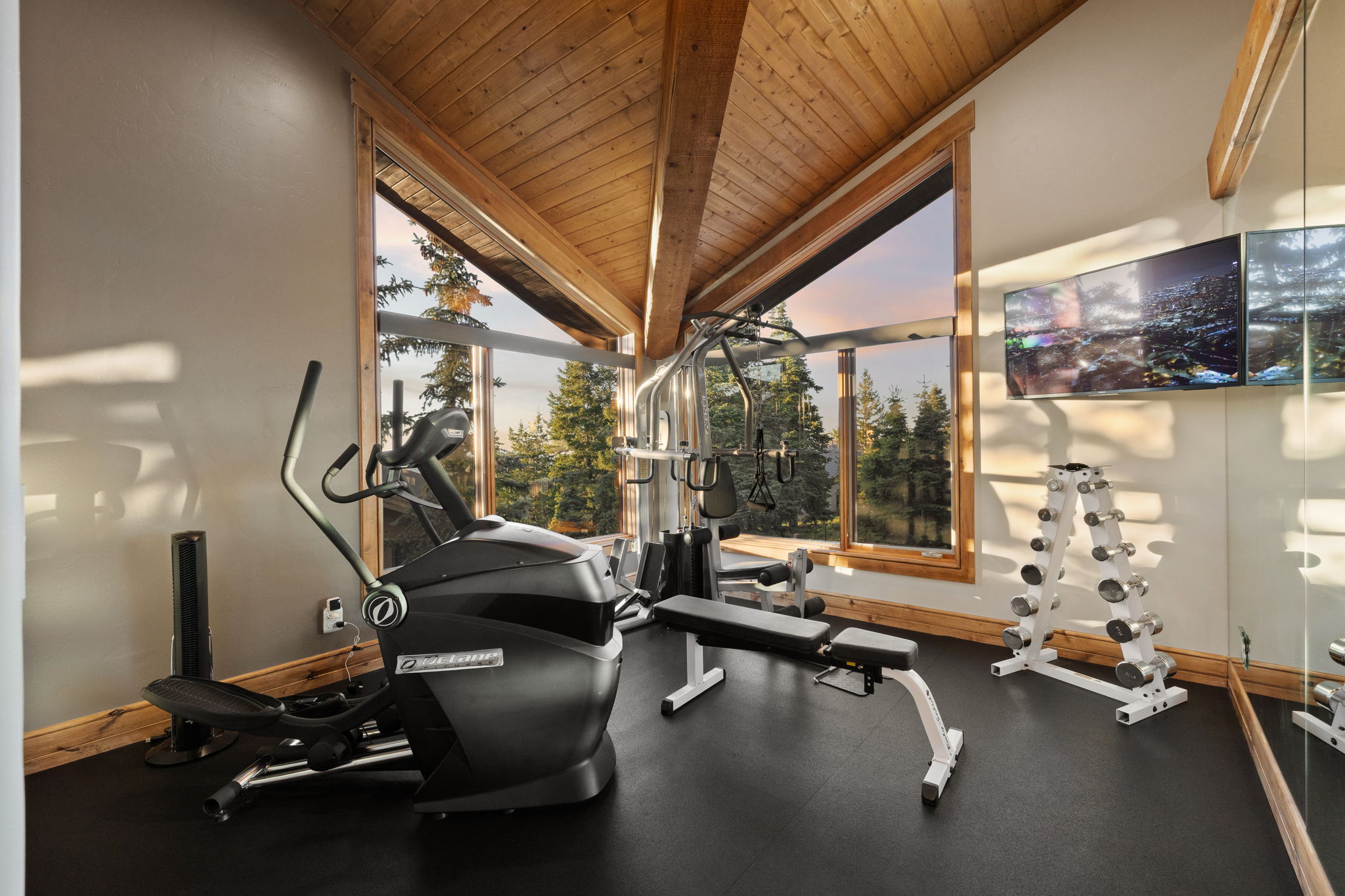 Dedicated fitness space featuring expansive windows, wood-paneled vaulted ceilings, light wood trim, and durable black rubber flooring