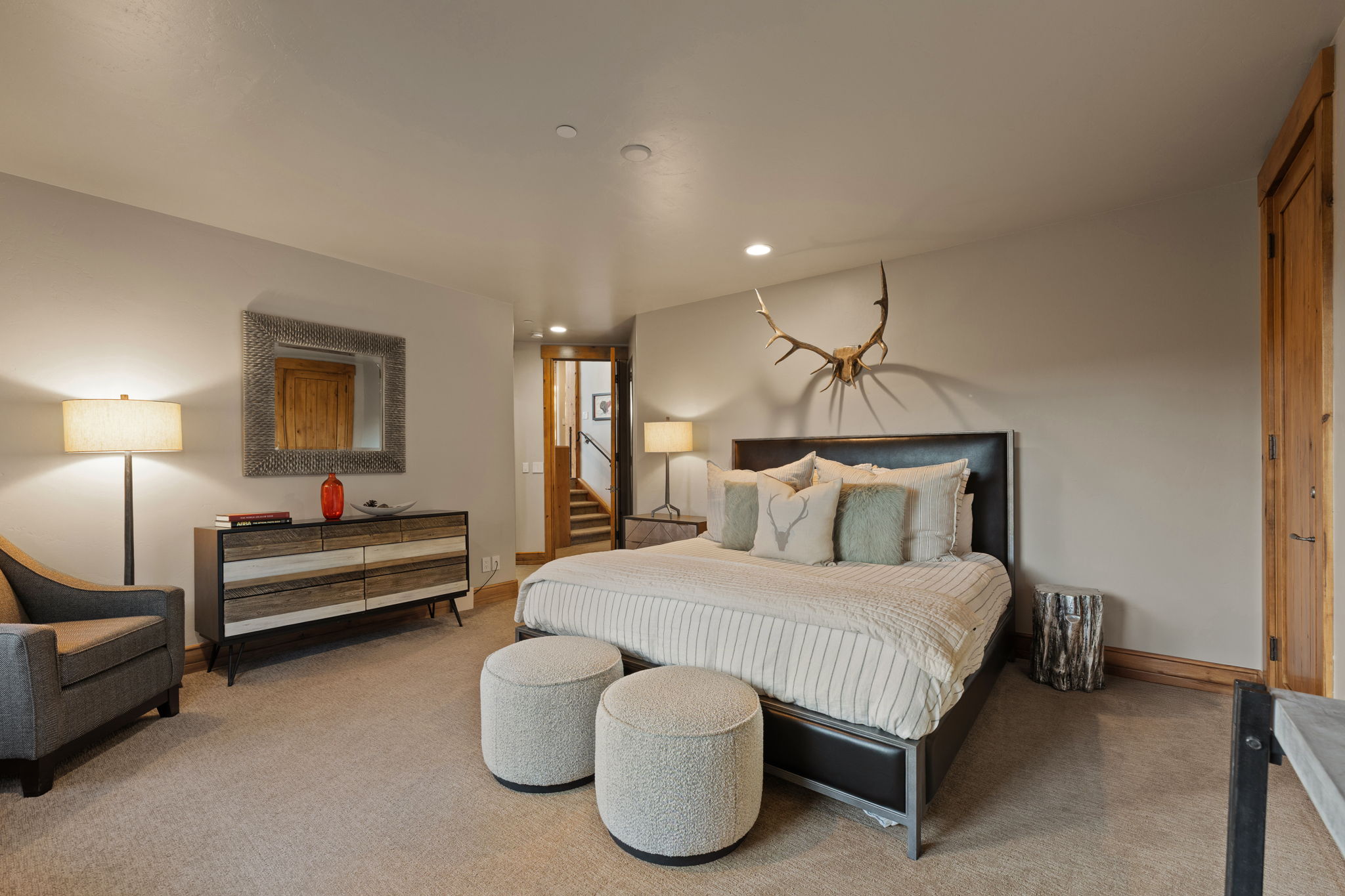 Carpeted bedroom featuring recessed lighting and neutral wall tones