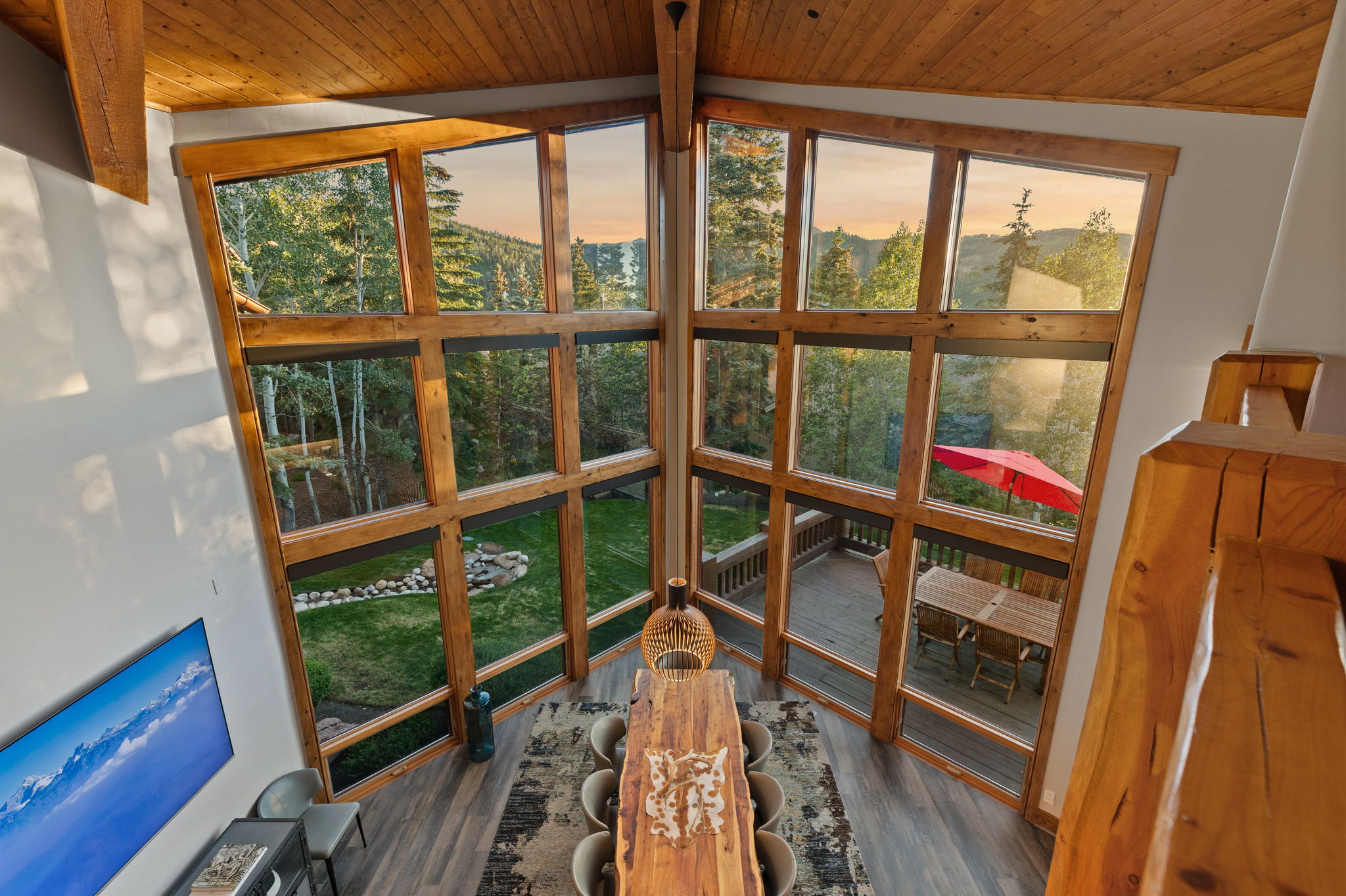 Soaring ceilings with exposed wood beams