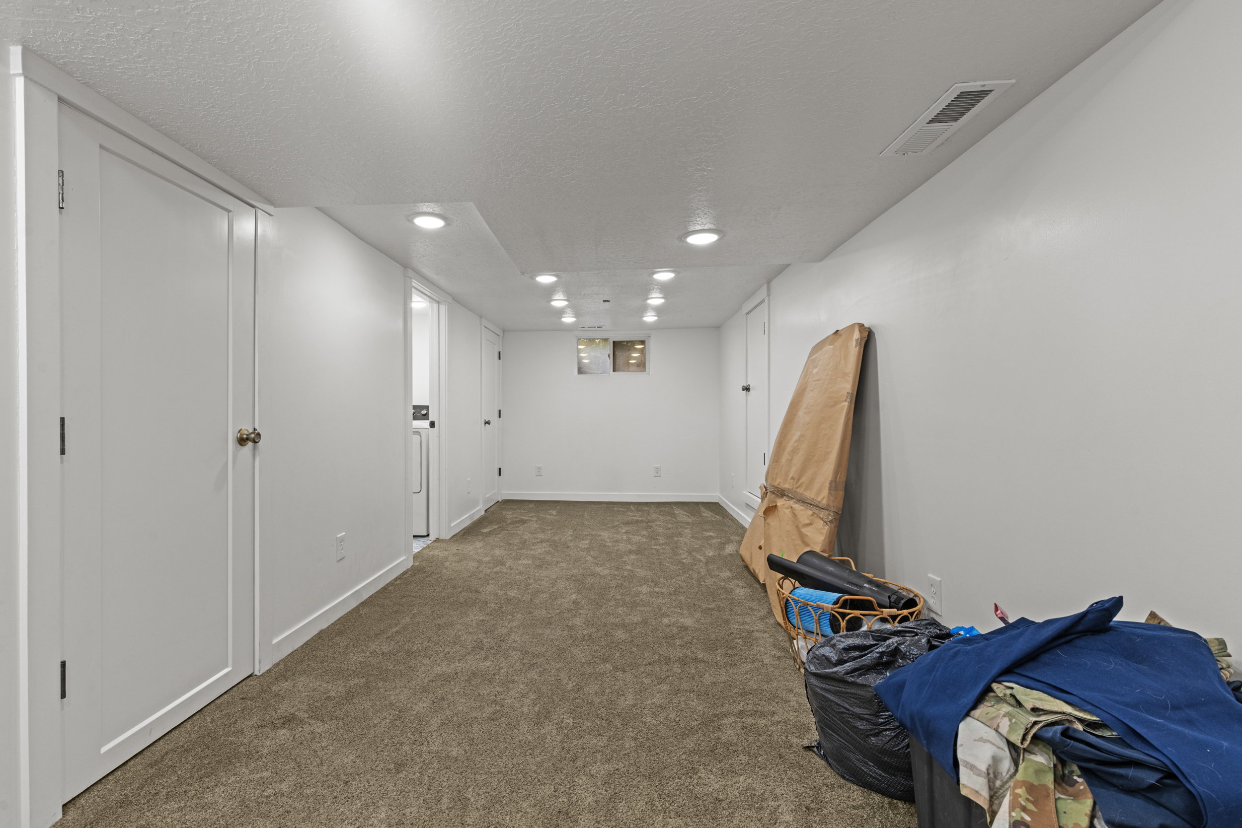 Carpeted interior space with white walls and ceiling