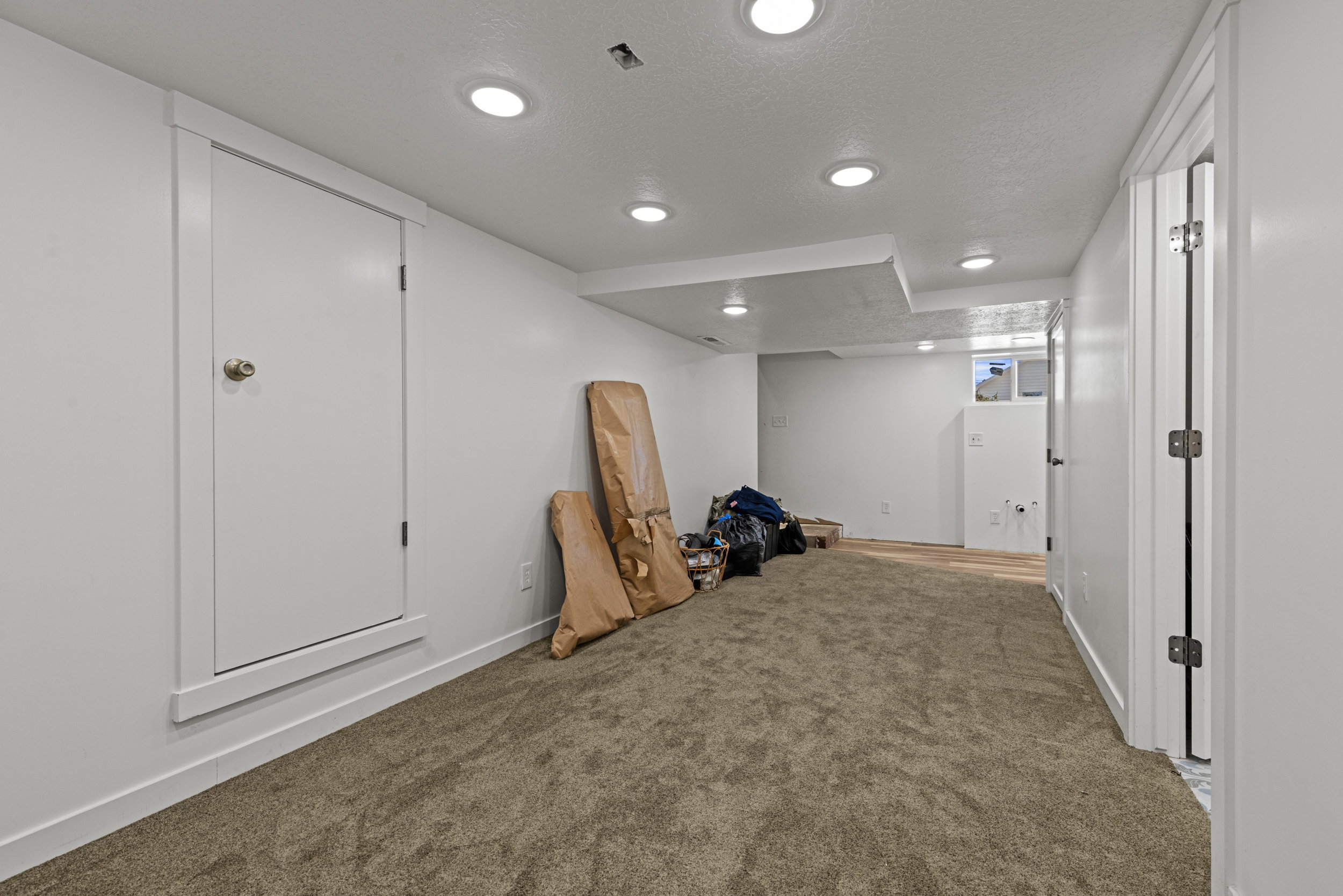 Spacious interior room featuring plush carpeting, recessed ceiling lighting, a white painted door with brass hardware, a window, and wood-finish flooring
