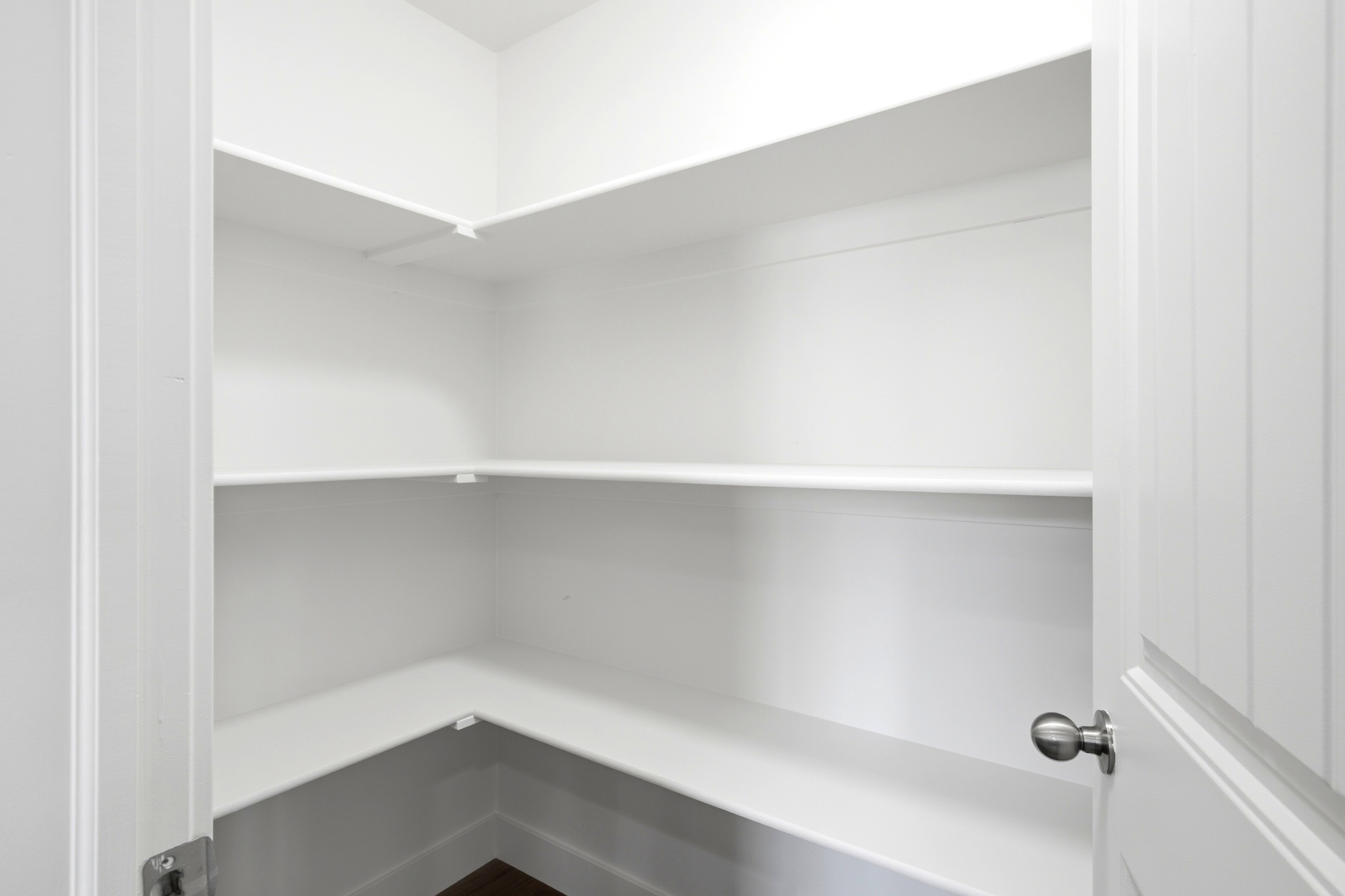 Spacious pantry with multiple white shelves, a white door frame, and a brushed nickel doorknob
