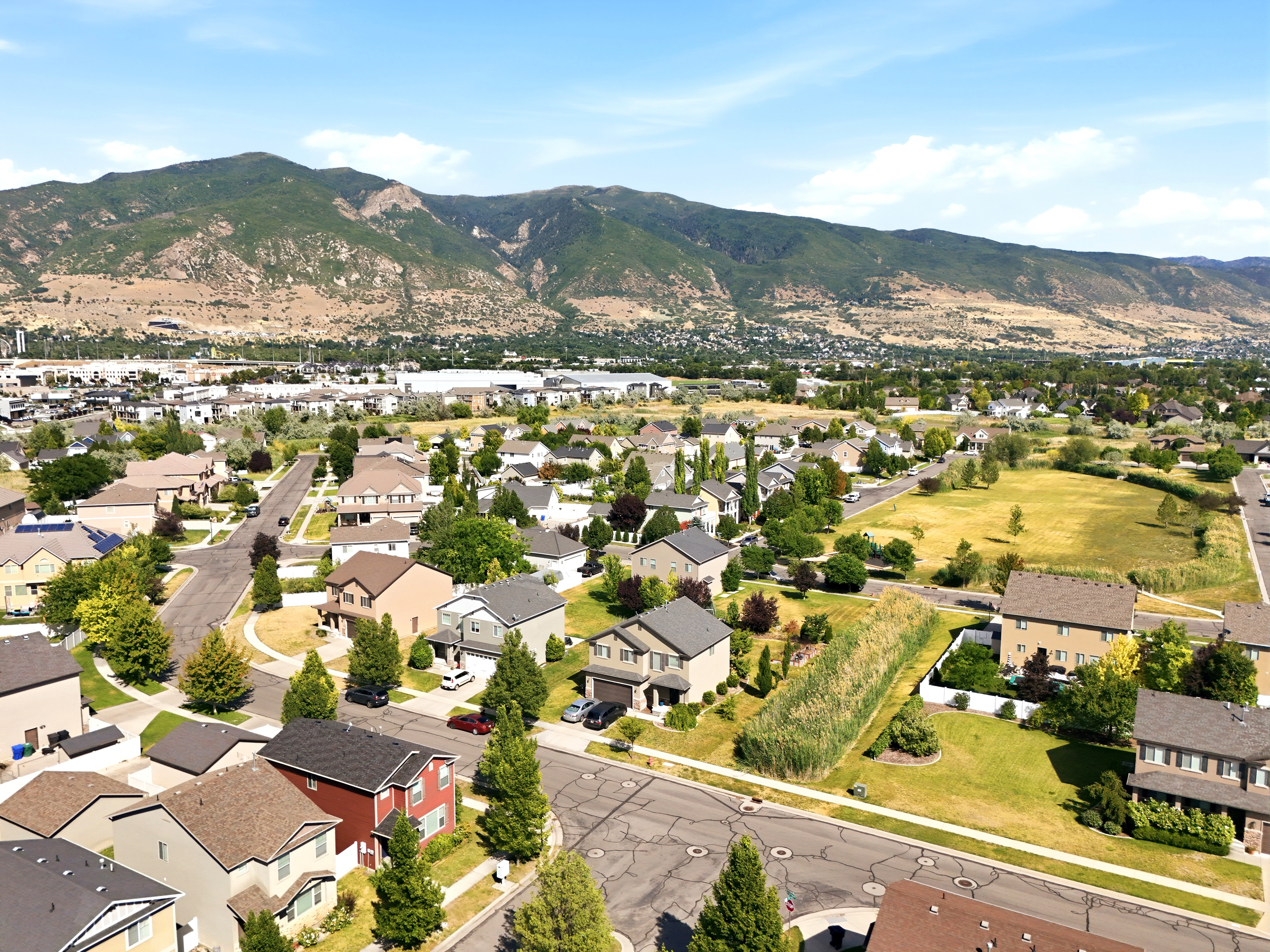 Aerial perspective showcasing a residential area with varied home styles, expansive green spaces, and mature landscaping