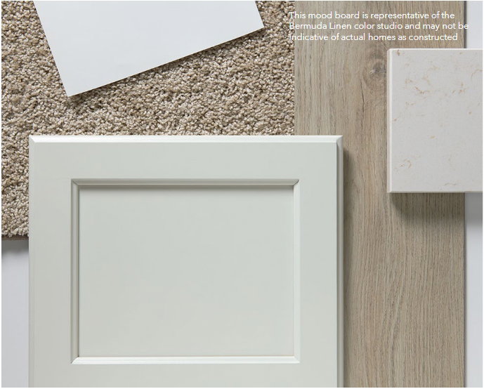 Interior color schemes curated for this home. Home will feature white shaker-style cabinetry, wood-like LVT flooring, tan colored carpeting, and a light quartz countertop.