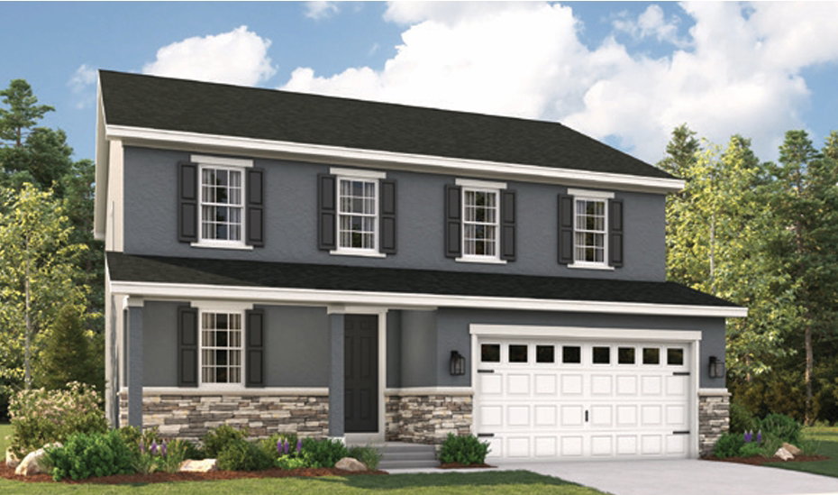 Elevation A Rendering. Two-story exterior shown with dark gray siding, black shutters, and white window trim. Rendering photo only. Actual finishes may vary.