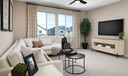 Rendering photo only. Actual finishes may vary. Spacious living area LOFT featuring large windows with natural light, neutral wall colors,