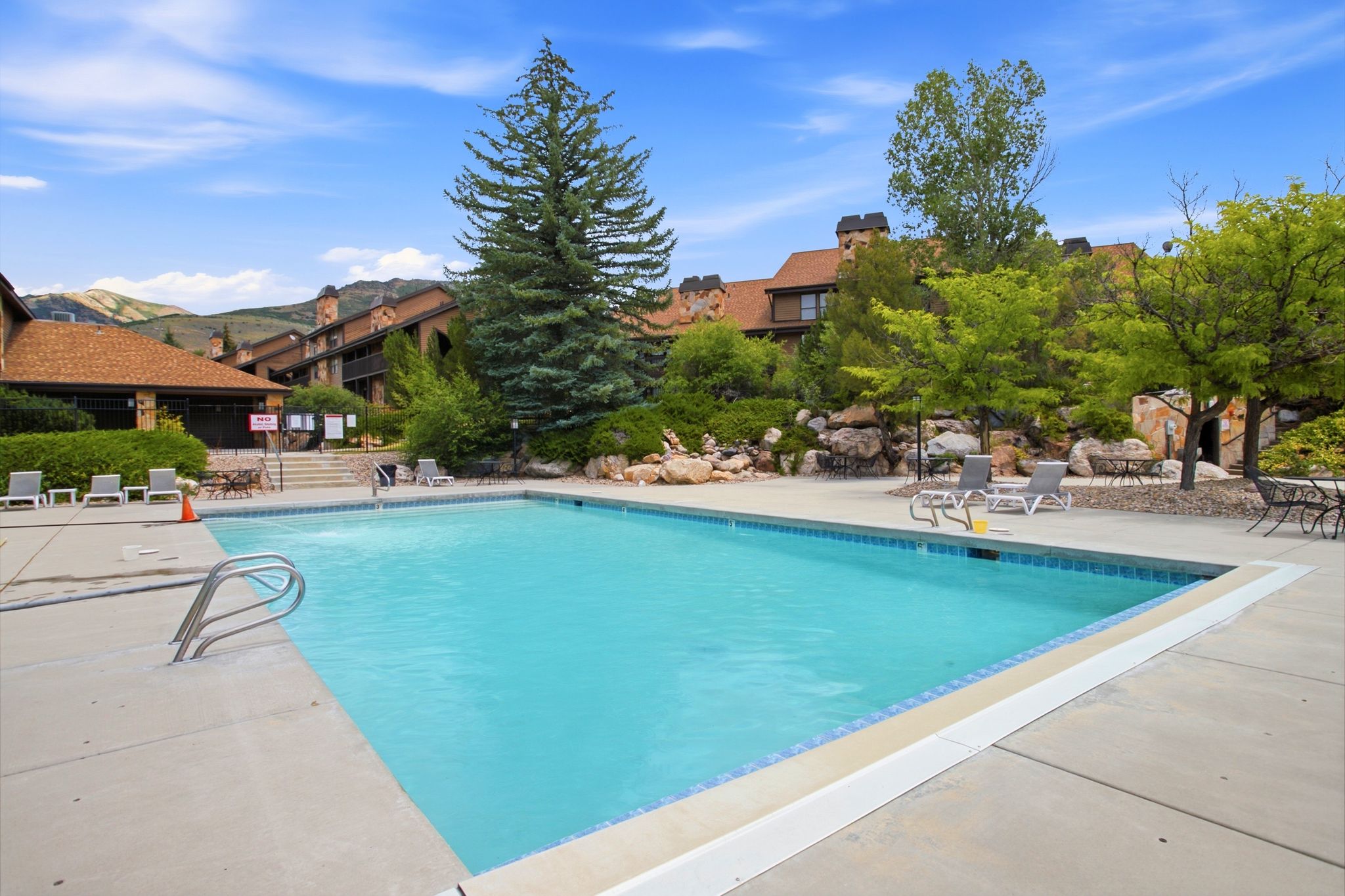 Outdoor swimming pool with concrete decking, surrounded by mature trees and landscaping
