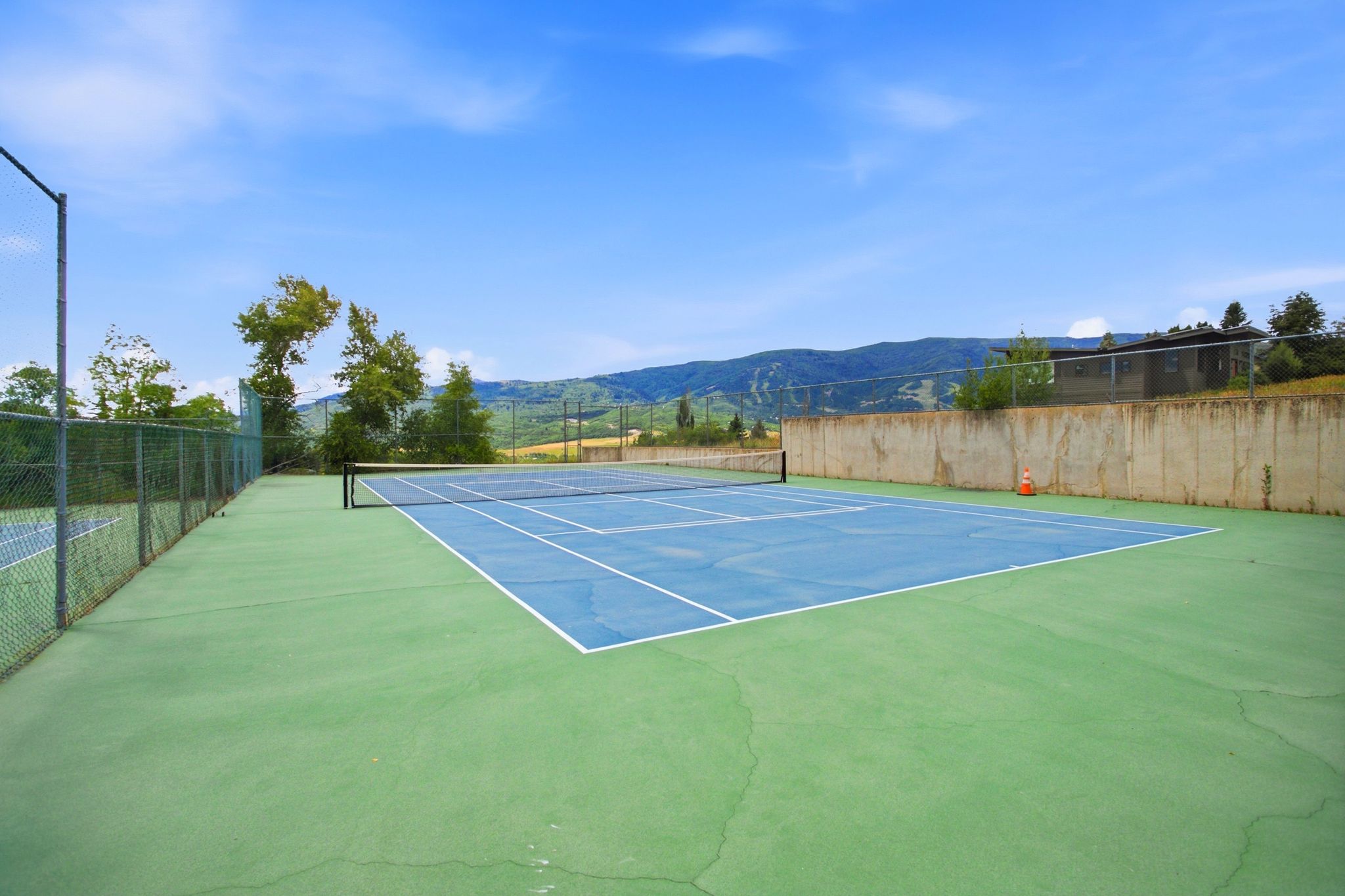 Outdoor tennis court featuring a blue playing surface and green surrounds