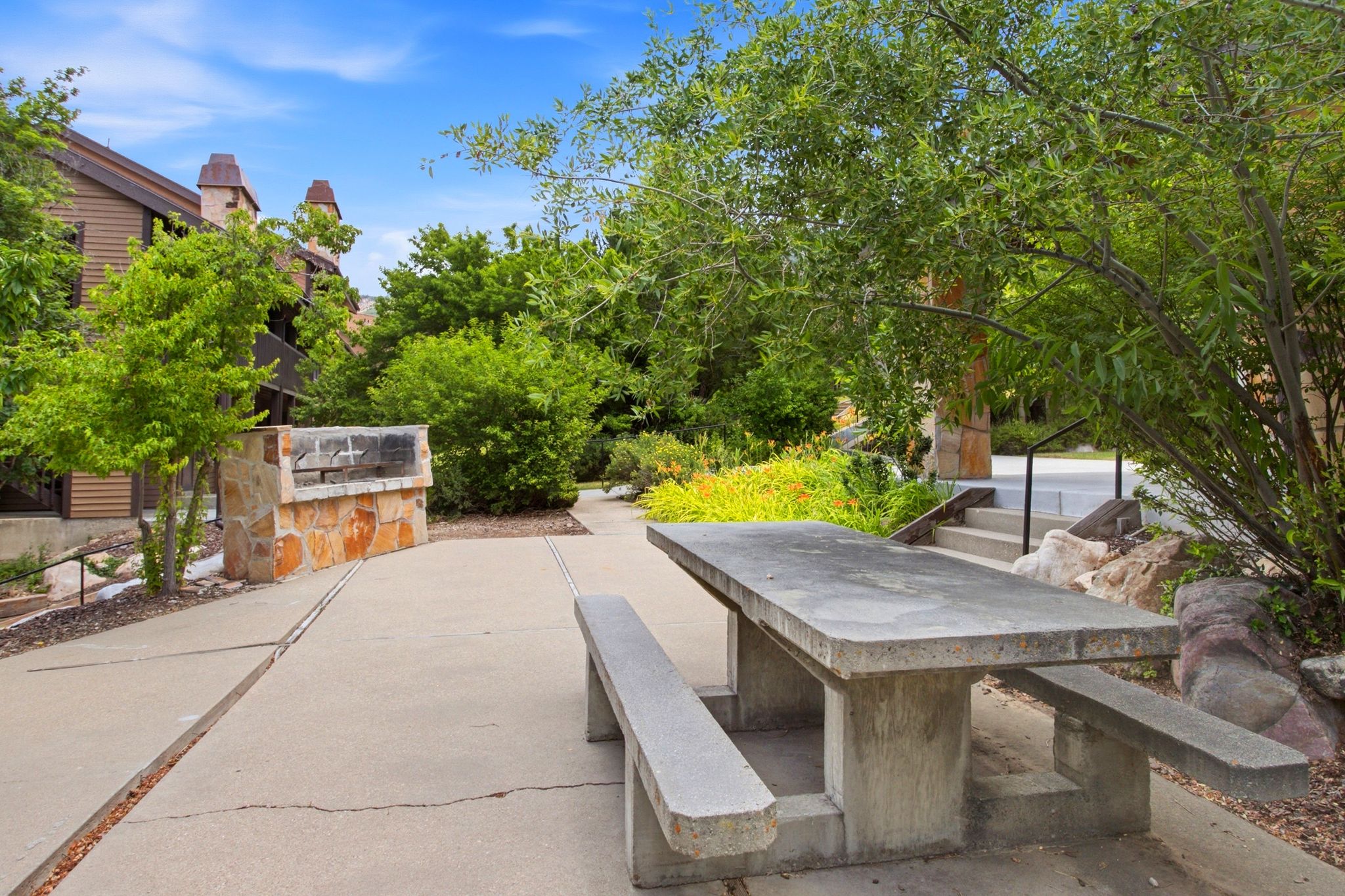 Outdoor patio area featuring a concrete picnic table, built-in stone grill, and mature landscaping