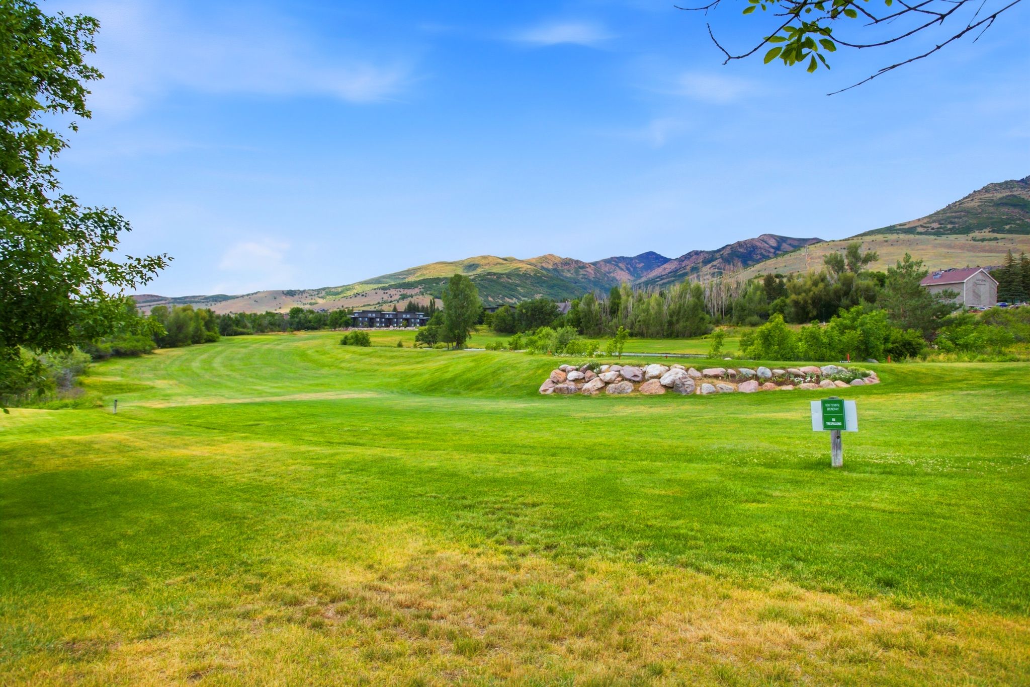 Expansive green space featuring a manicured lawn, established trees, and mountain backdrop