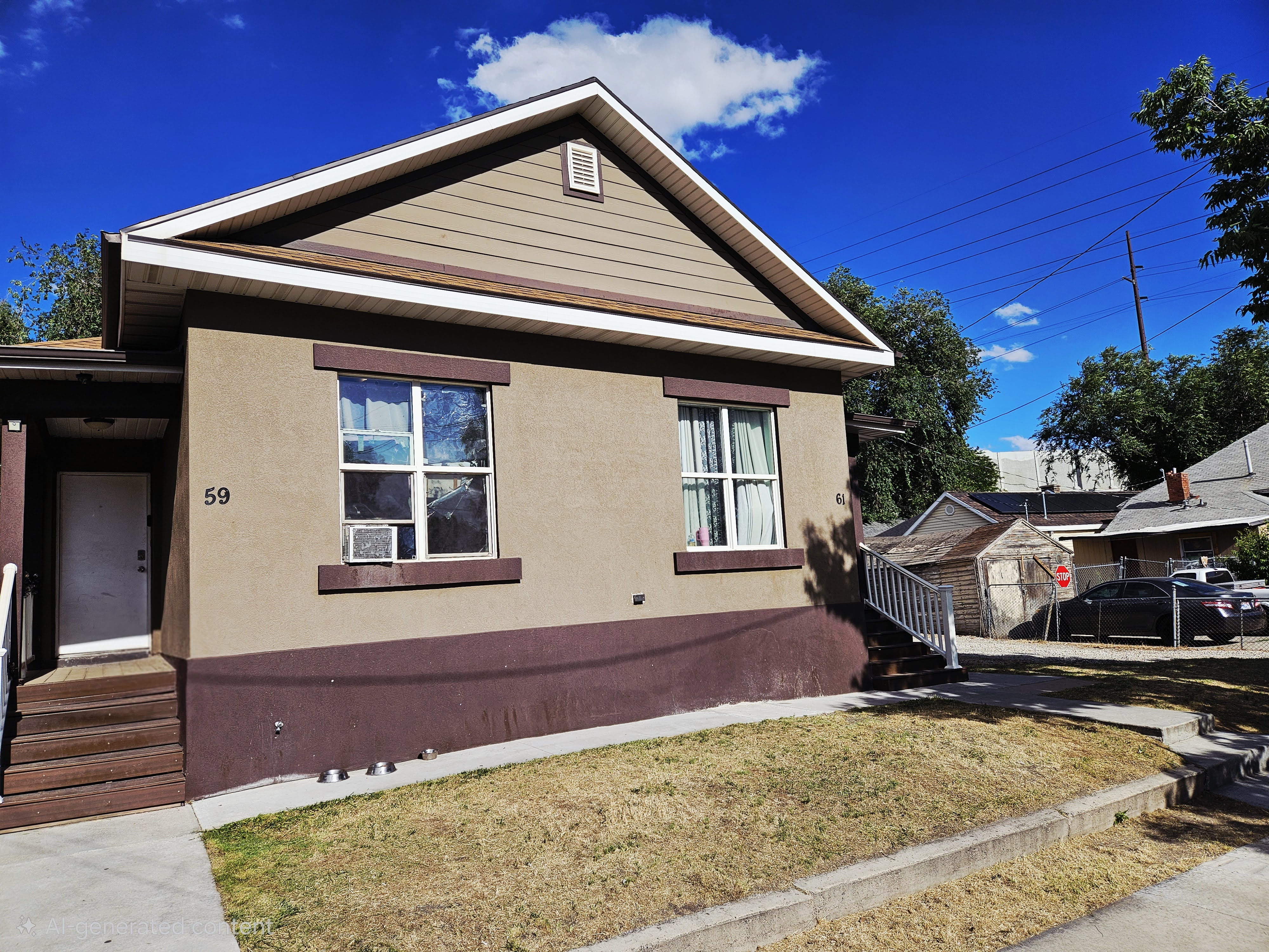 Two-tone stucco exterior with a prominent gabled roofline and siding detail