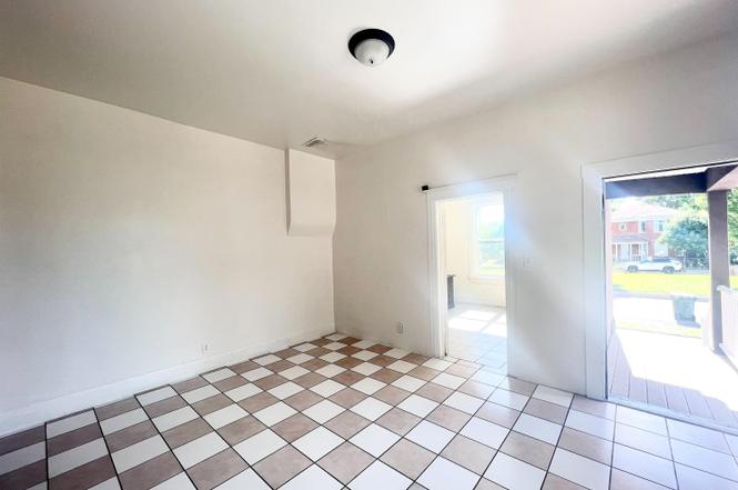 Tiled flooring in a checkered pattern