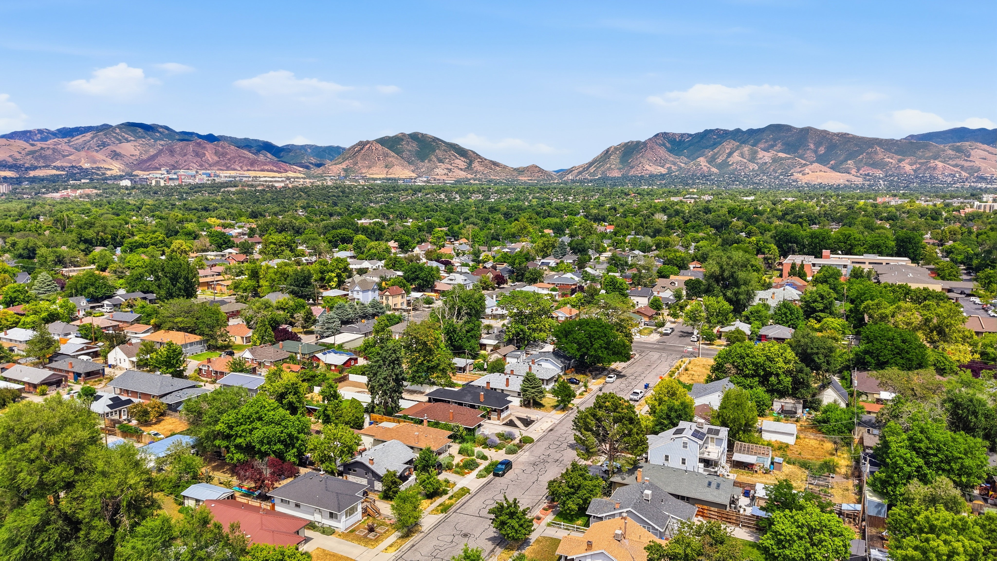 Expansive aerial perspective showcasing a residential neighborhood with abundant mature trees and distant mountain ranges