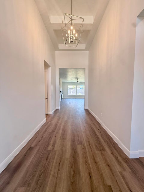 Entry hallway featuring wood-finish flooring, a recessed ceiling with geometric chandelier, and white baseboards