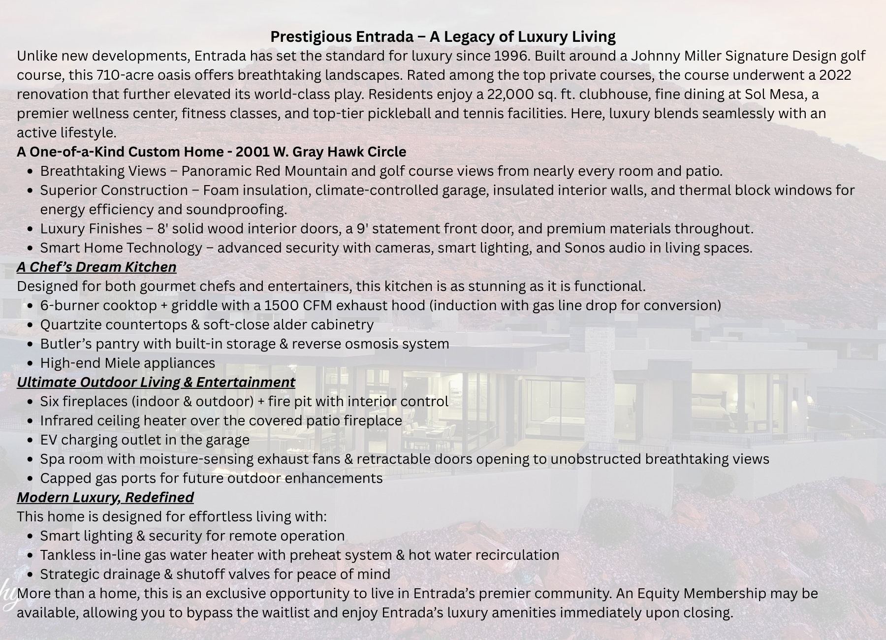 Property Listing Description. Detailing features of a specific property and community amenities