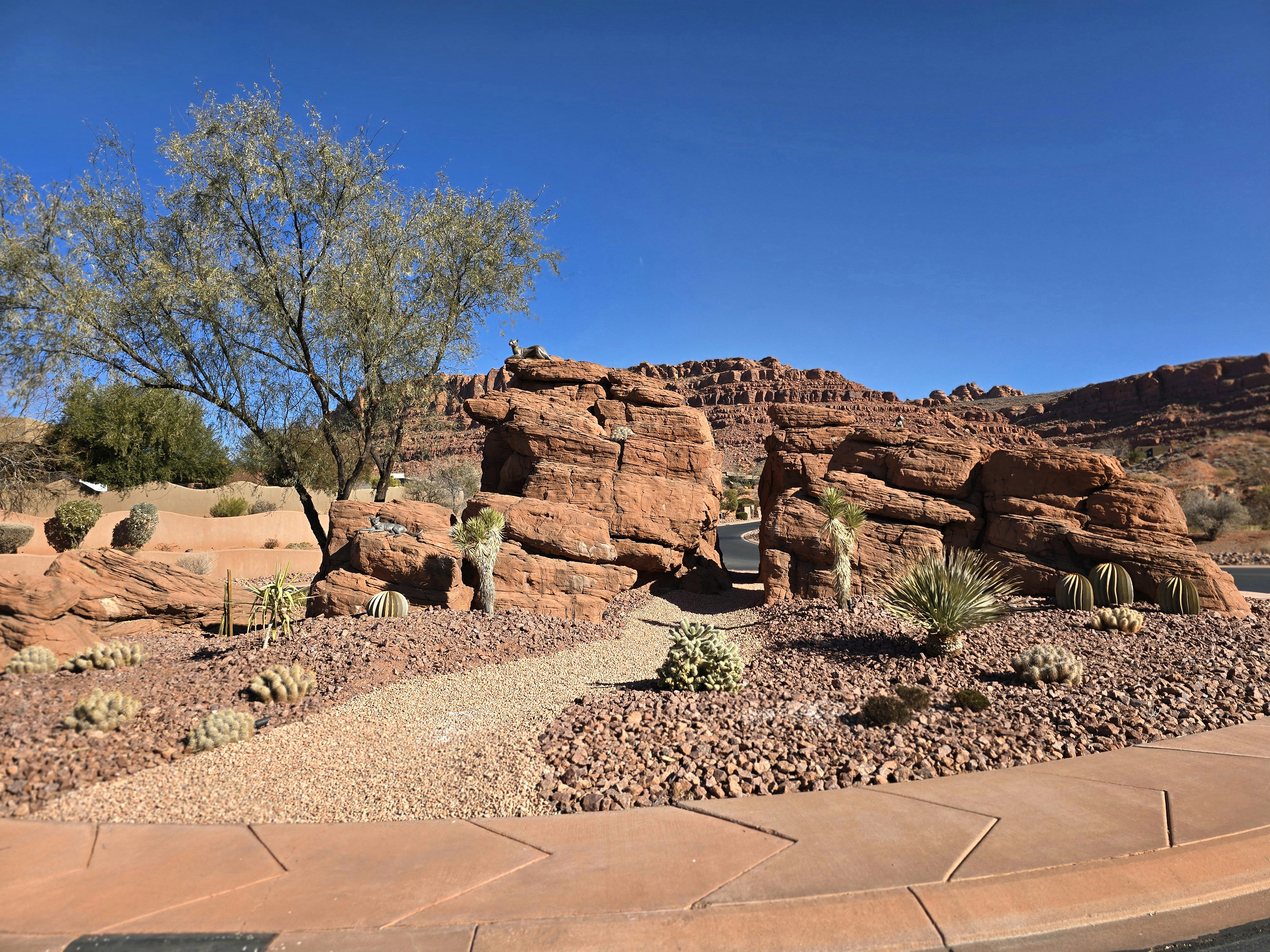 Desert landscape featuring natural rock formations and a gravel pathway