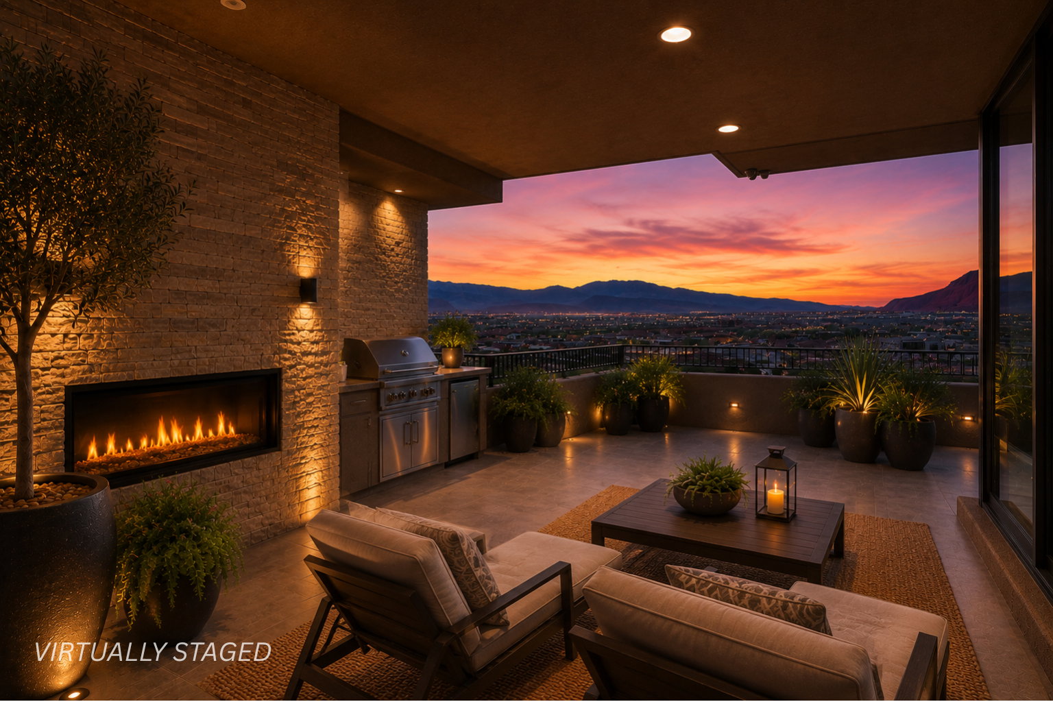 Expansive outdoor patio featuring a linear fireplace, built-in BBQ, recessed lighting, and a panoramic mountain landscape