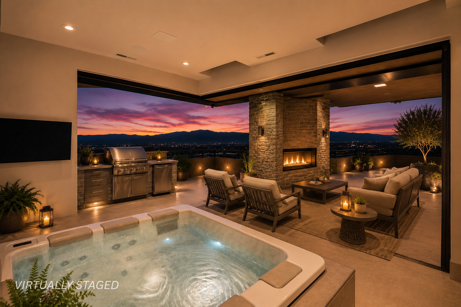 Expansive outdoor living area featuring a built-in hot tub, integrated outdoor kitchen with stainless steel appliances, a stone-clad fireplace, and a retractable glass wall system