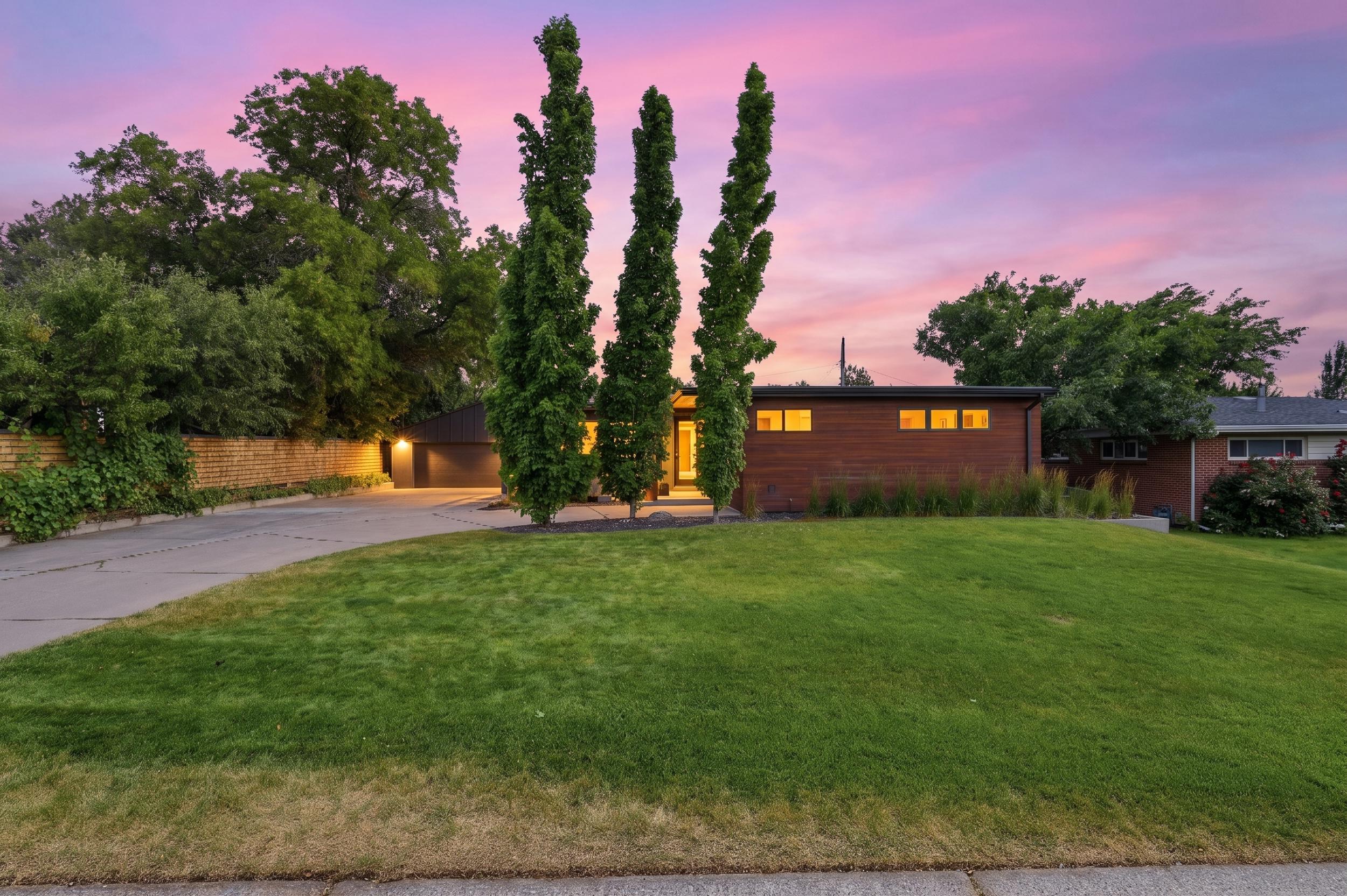 Mid-century modern residence featuring a dark wood facade and prominent vertical trees