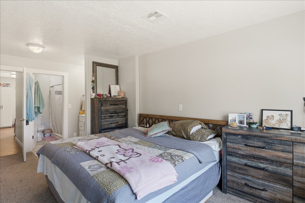 Carpeted bedroom featuring a light-toned accent wall, ceiling-mounted light fixture, and an attached three-quarter bathroom with a tiled shower