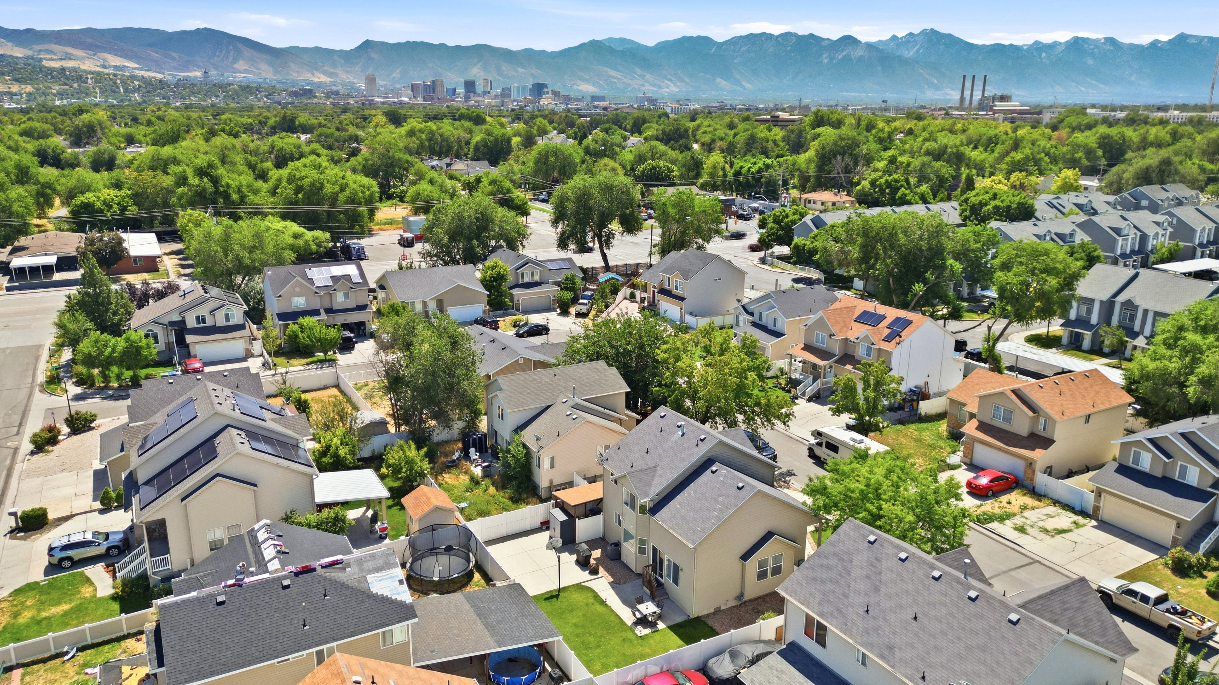 Aerial perspective showcasing a residential neighborhood with diverse housing styles