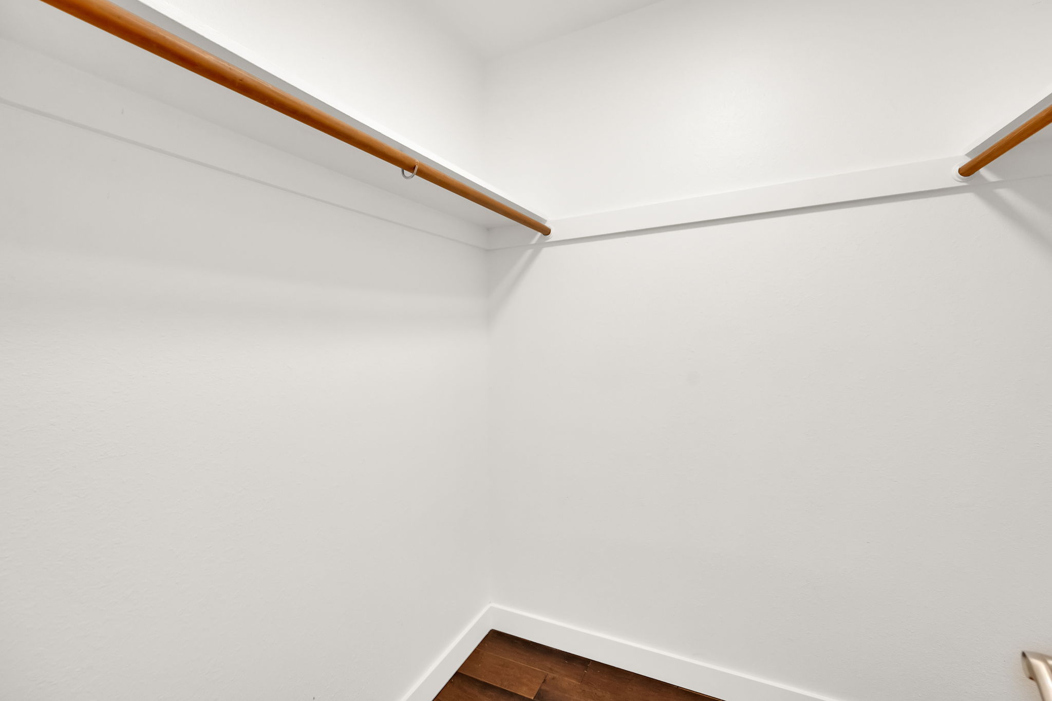 Walk-in closet featuring white walls, white trim, wood-finish flooring, and two wood closet rods
