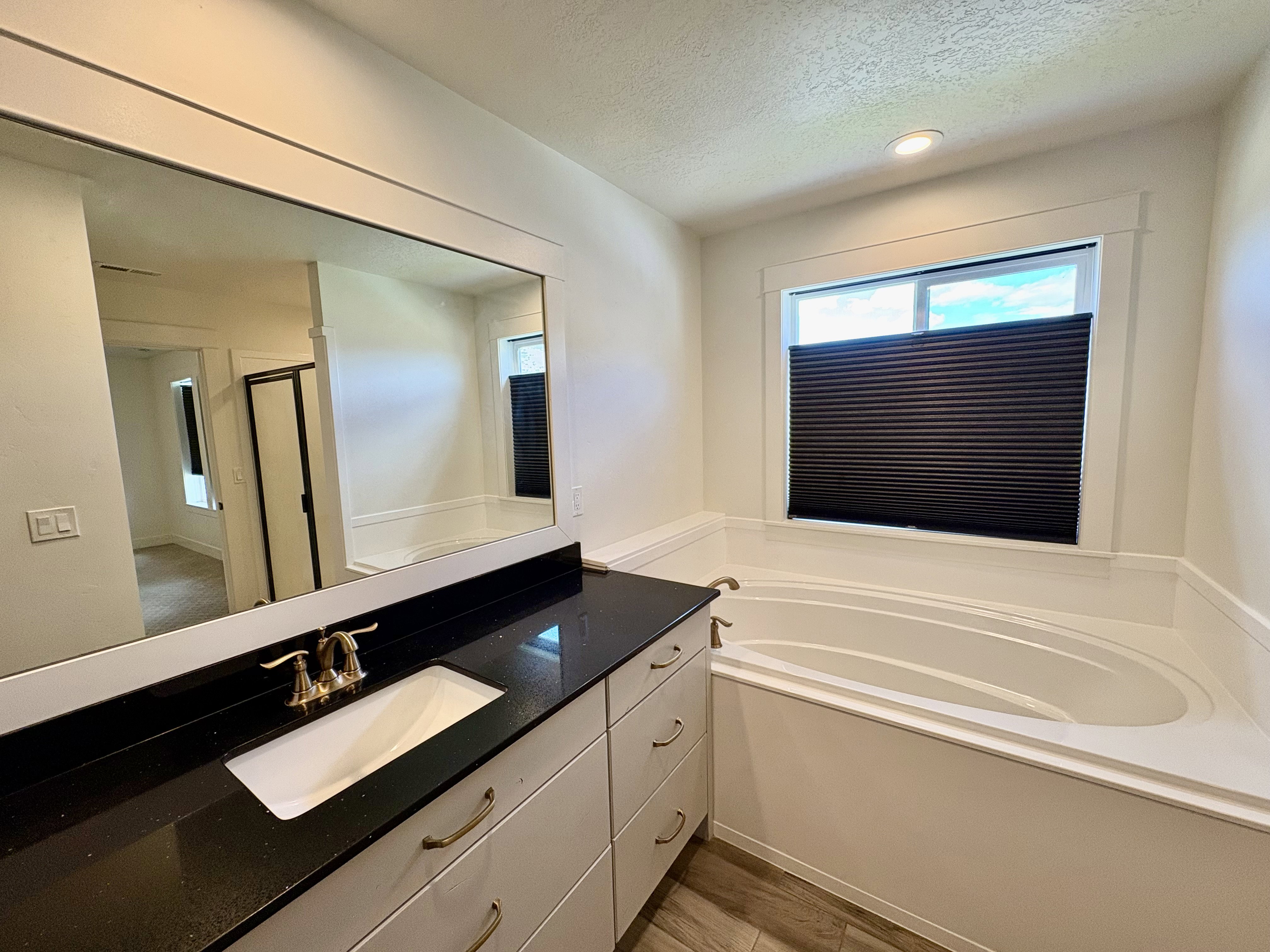 Spacious Principal bathroom featuring a built-in soaking tub, a single vanity with a dark countertop and undermount sink, a large wall-mounted mirror, and wood-finish flooring