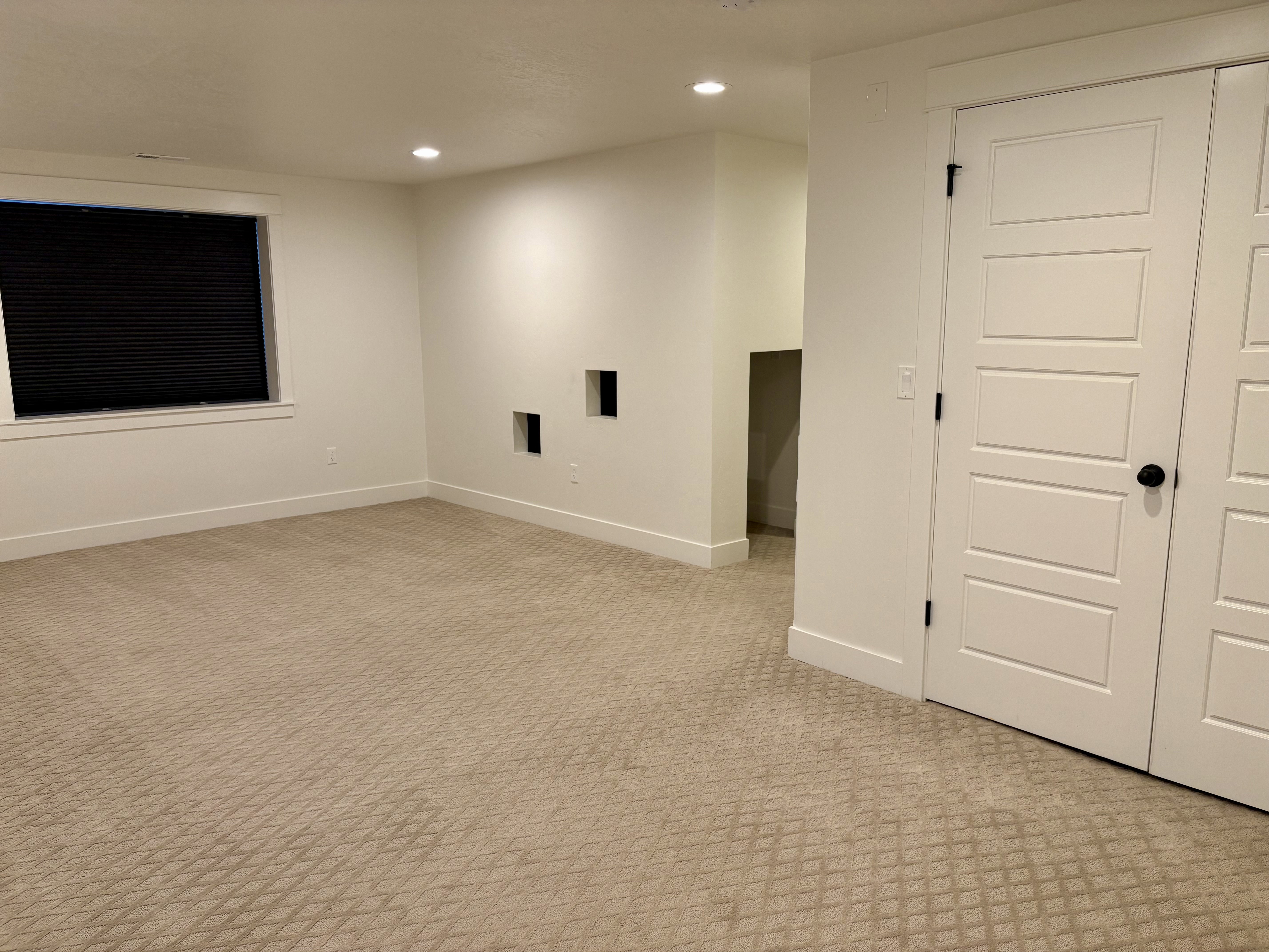 Spacious room featuring neutral carpeting, a large window, recessed lighting, and contemporary paneled doors with matte black hardware