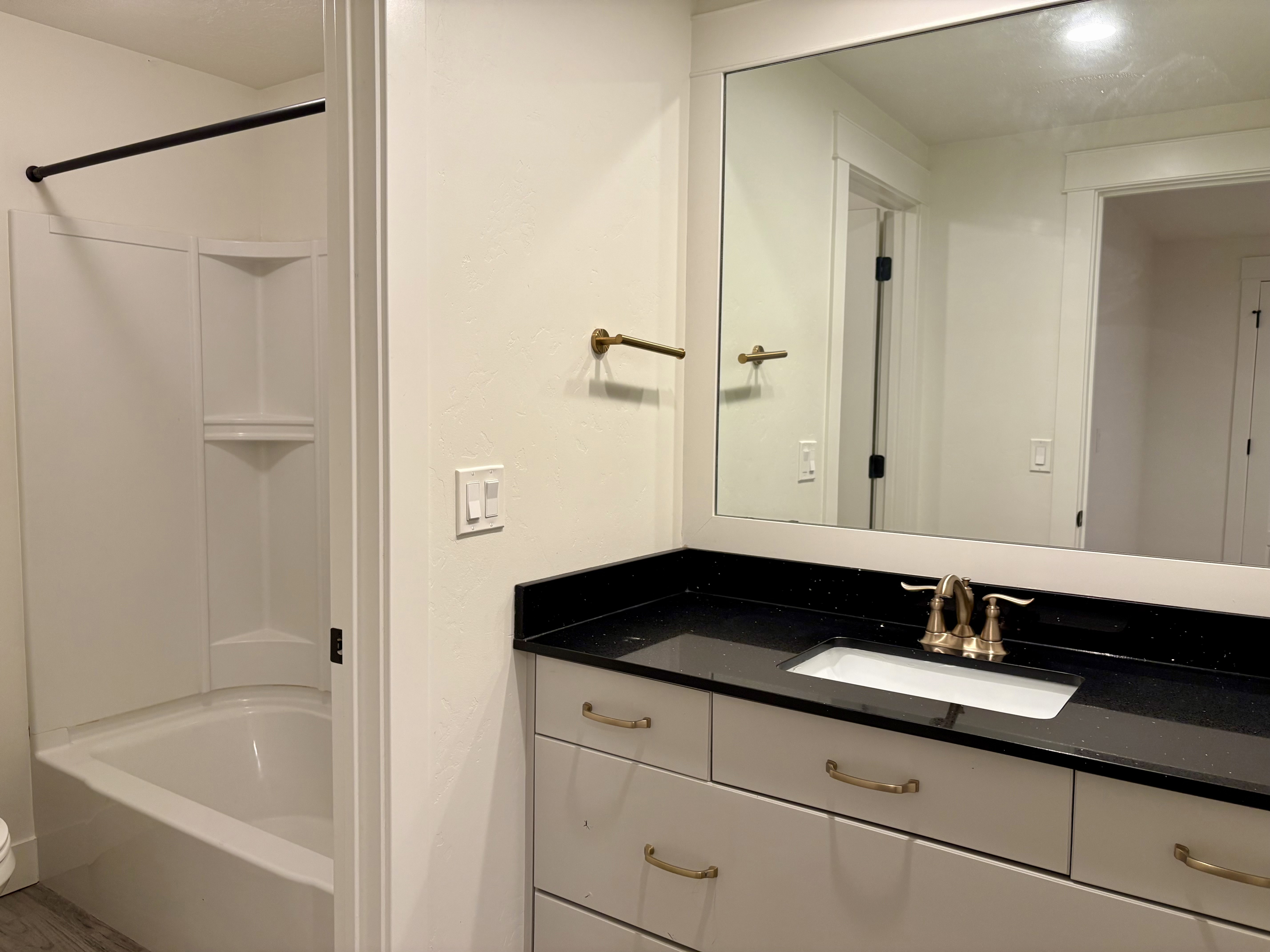 Bathroom featuring a vanity with a white rectangular undermount sink, a gold-finish faucet, and a dark stone-finish countertop