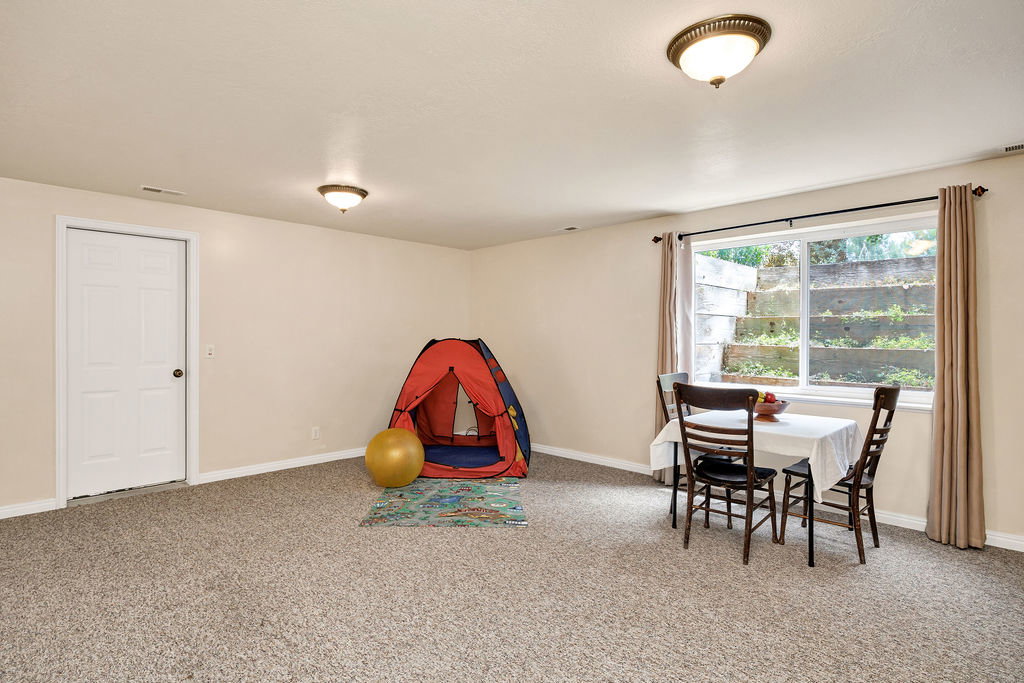 Large basement family room with door leading to an expansive under-the-front-porch cold storage room