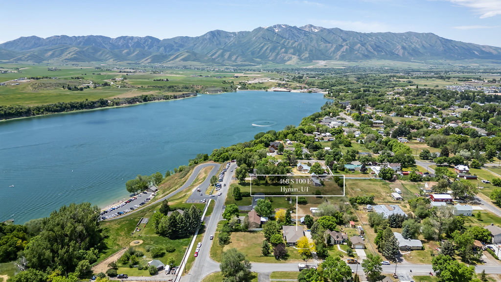 Aerial perspective featuring the lake with the Wellsville mountains backdrop