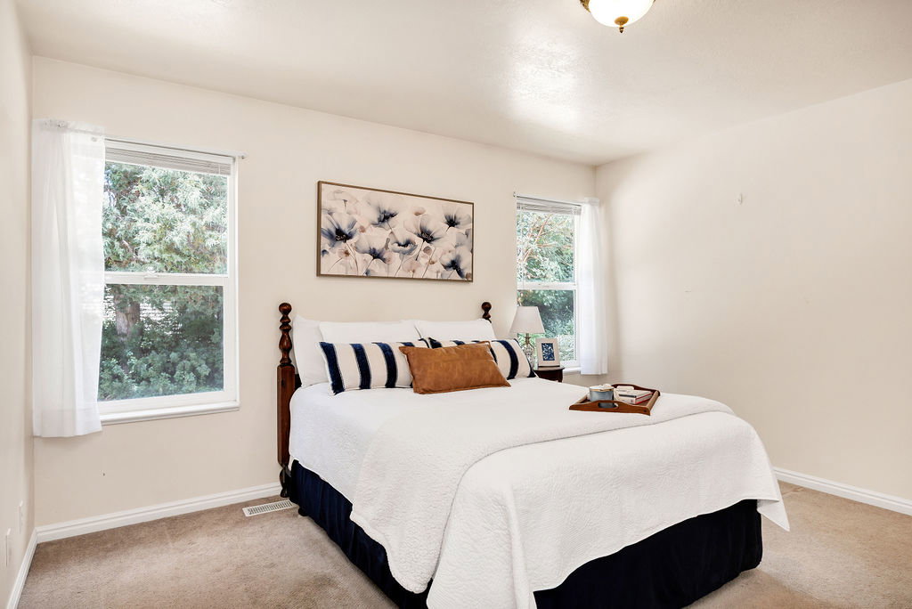 Primary bedroom featuring two double-hung windows, light-colored walls, carpeted flooring, and a ceiling-mounted light fixture