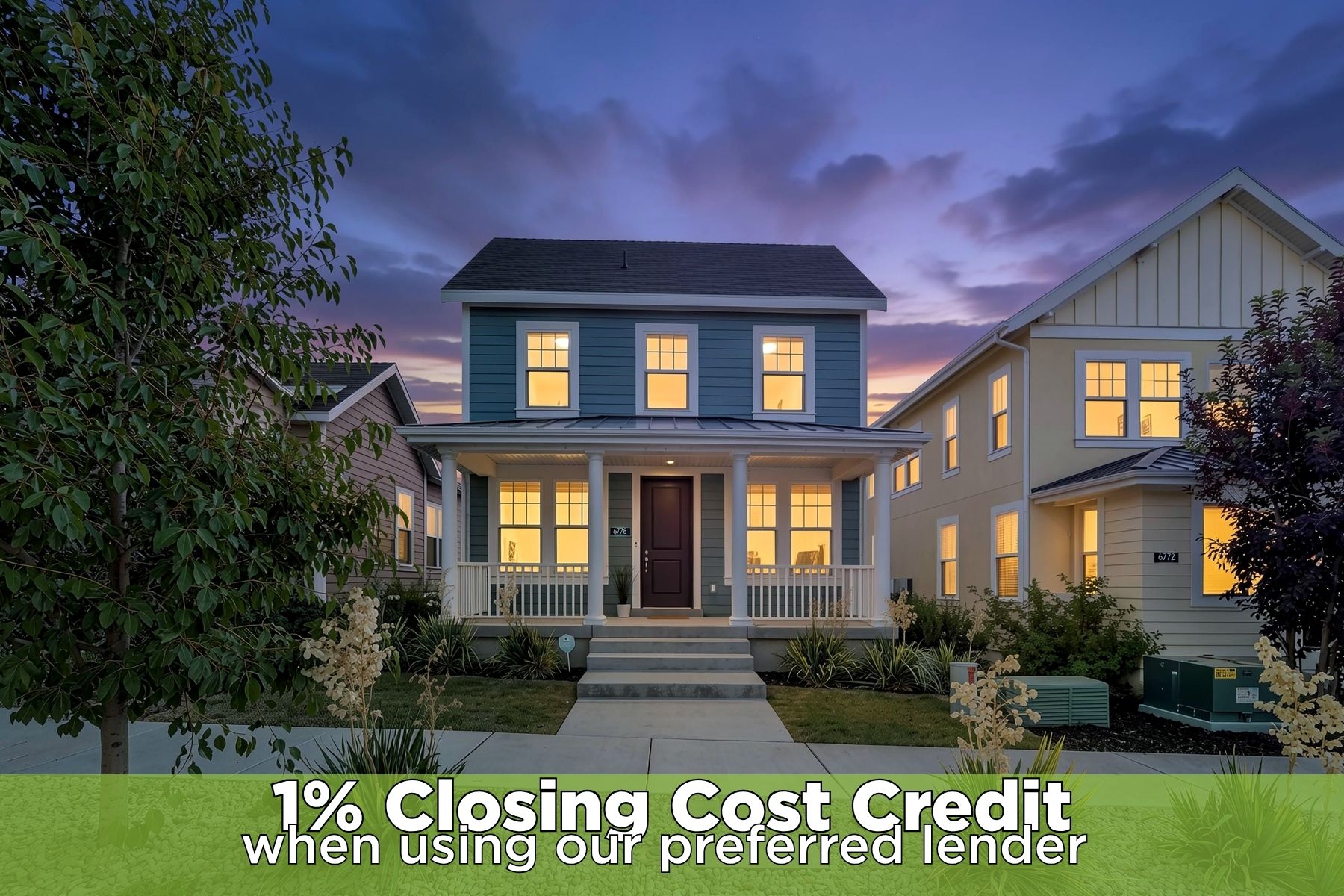 Two-story residence featuring a blue siding exterior with white trim accents