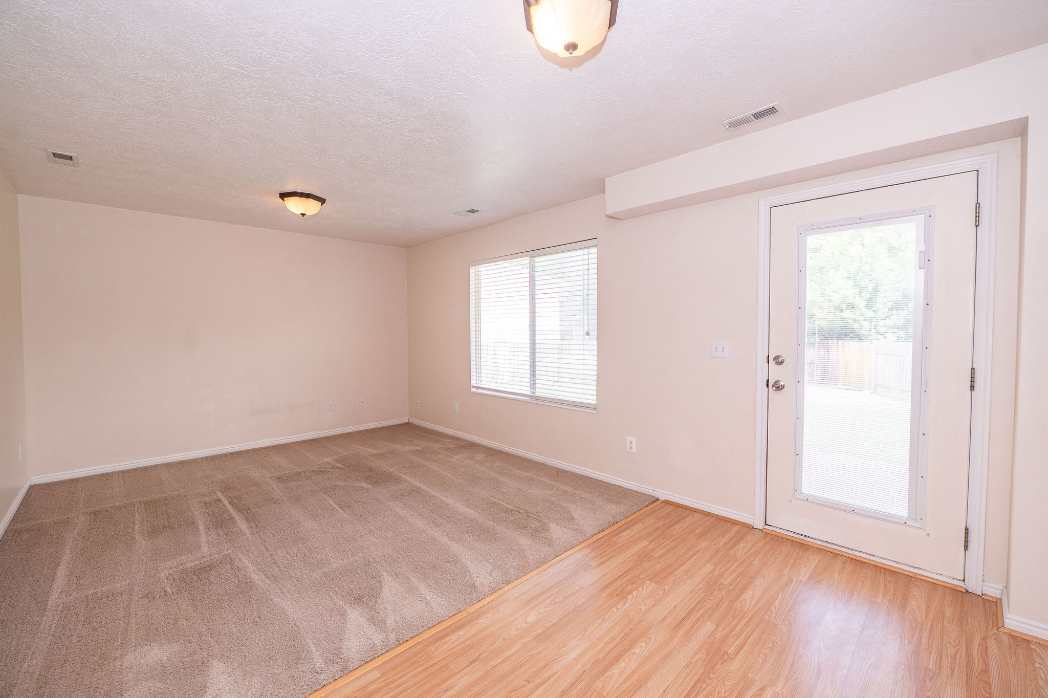 Room featuring a blend of wood-finish flooring and carpeting, a window with blinds, a full-lite exterior door, and ceiling-mounted light fixtures