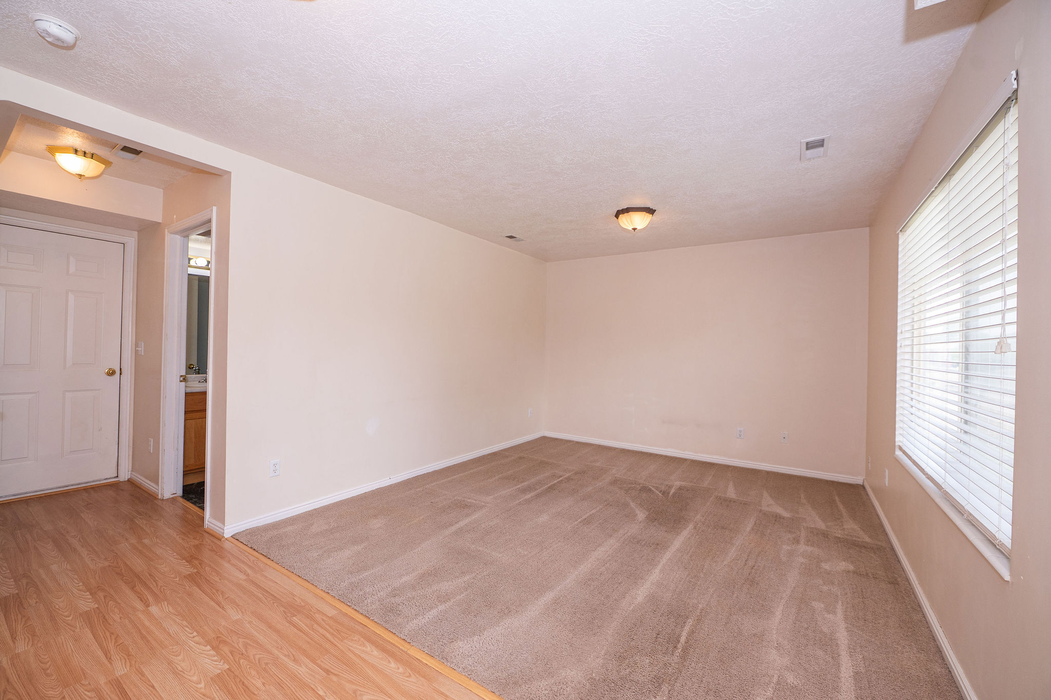Spacious room with plush carpeting and a large window featuring horizontal blinds