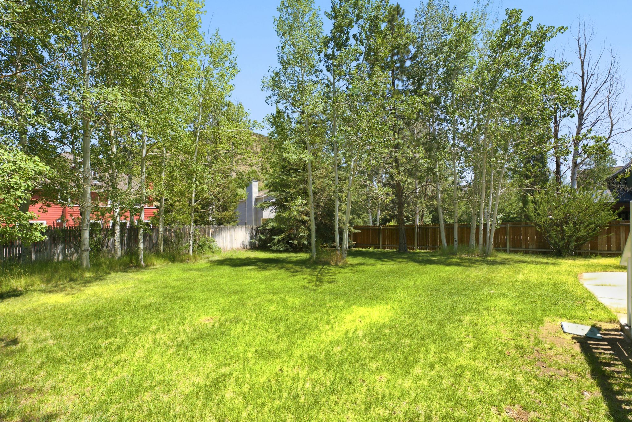 Expansive green space featuring mature trees and a perimeter fence