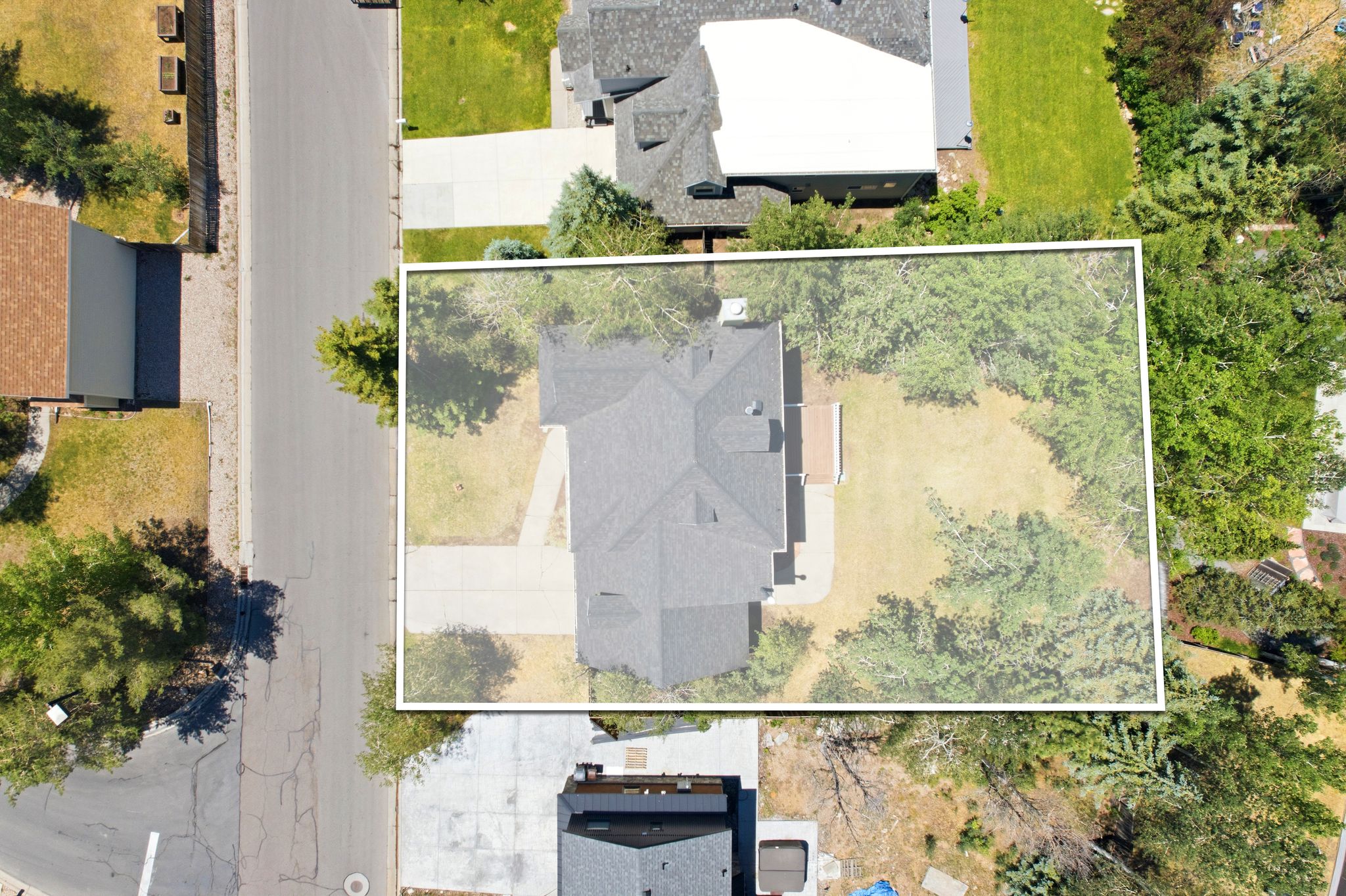 Single-family residence with a dark gray shingle roof and a light-colored concrete driveway