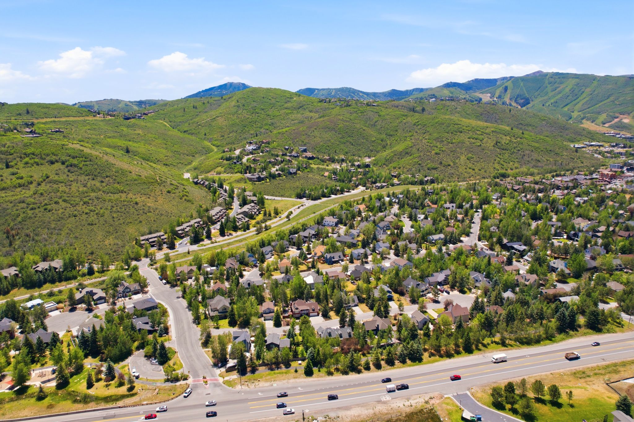 Expansive neighborhood featuring numerous residential properties nestled amongst abundant mature trees and verdant hillsides