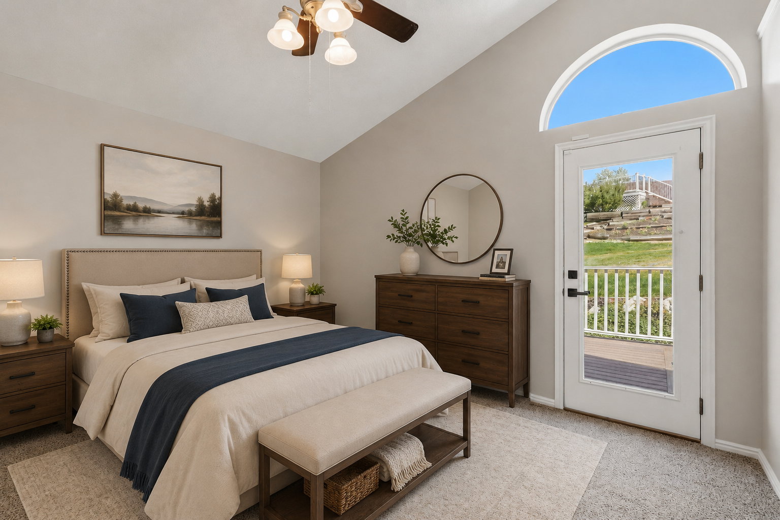 Vaulted ceiling bedroom featuring a ceiling fan with light fixture, arched transom window, and a full-light exterior door. Staged virtually.