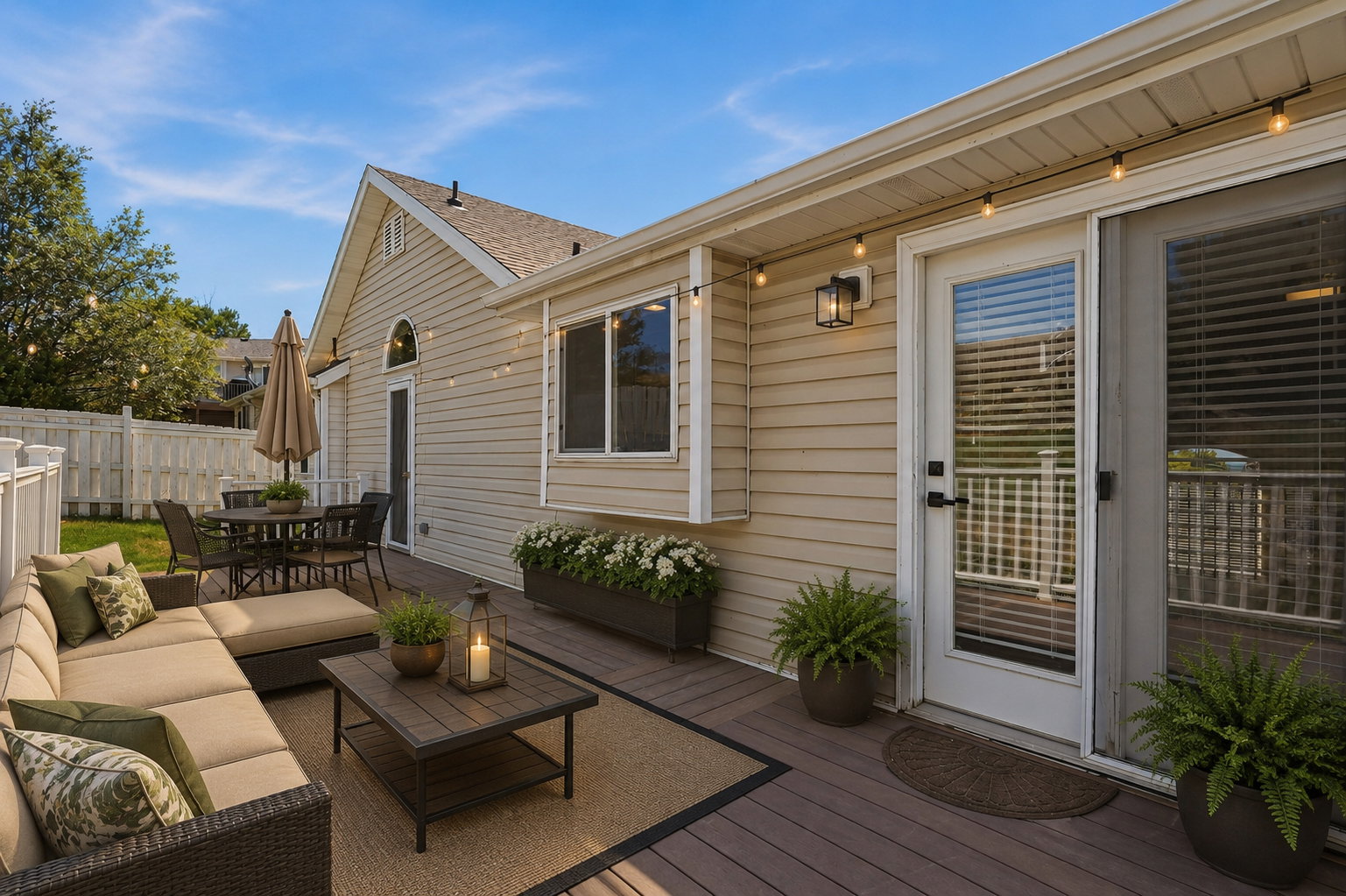 Expansive outdoor deck featuring wood-finish flooring. Staged virtually.