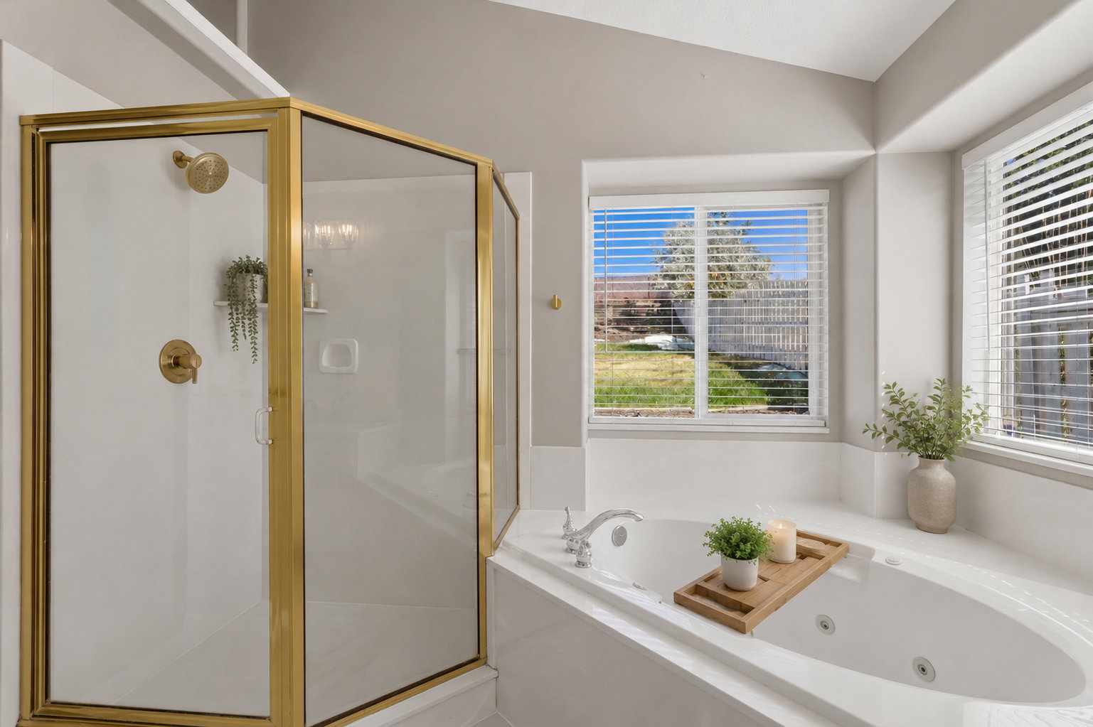 Freestanding tub with jetted features, accompanied by a separate glass-enclosed shower with brass fixtures. Staged virtually.