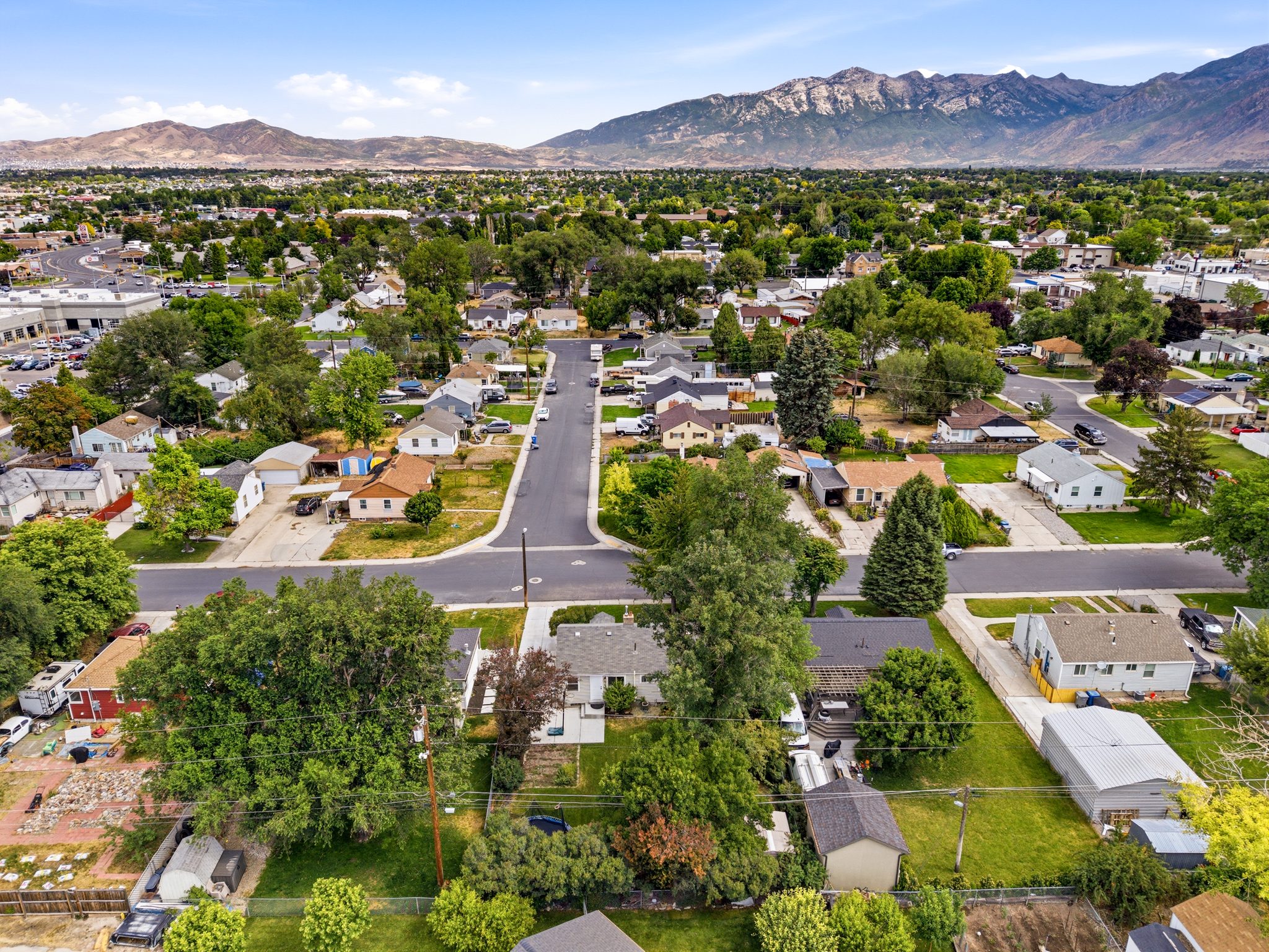 Expansive aerial perspective showcasing a residential neighborhood with established trees and paved streets