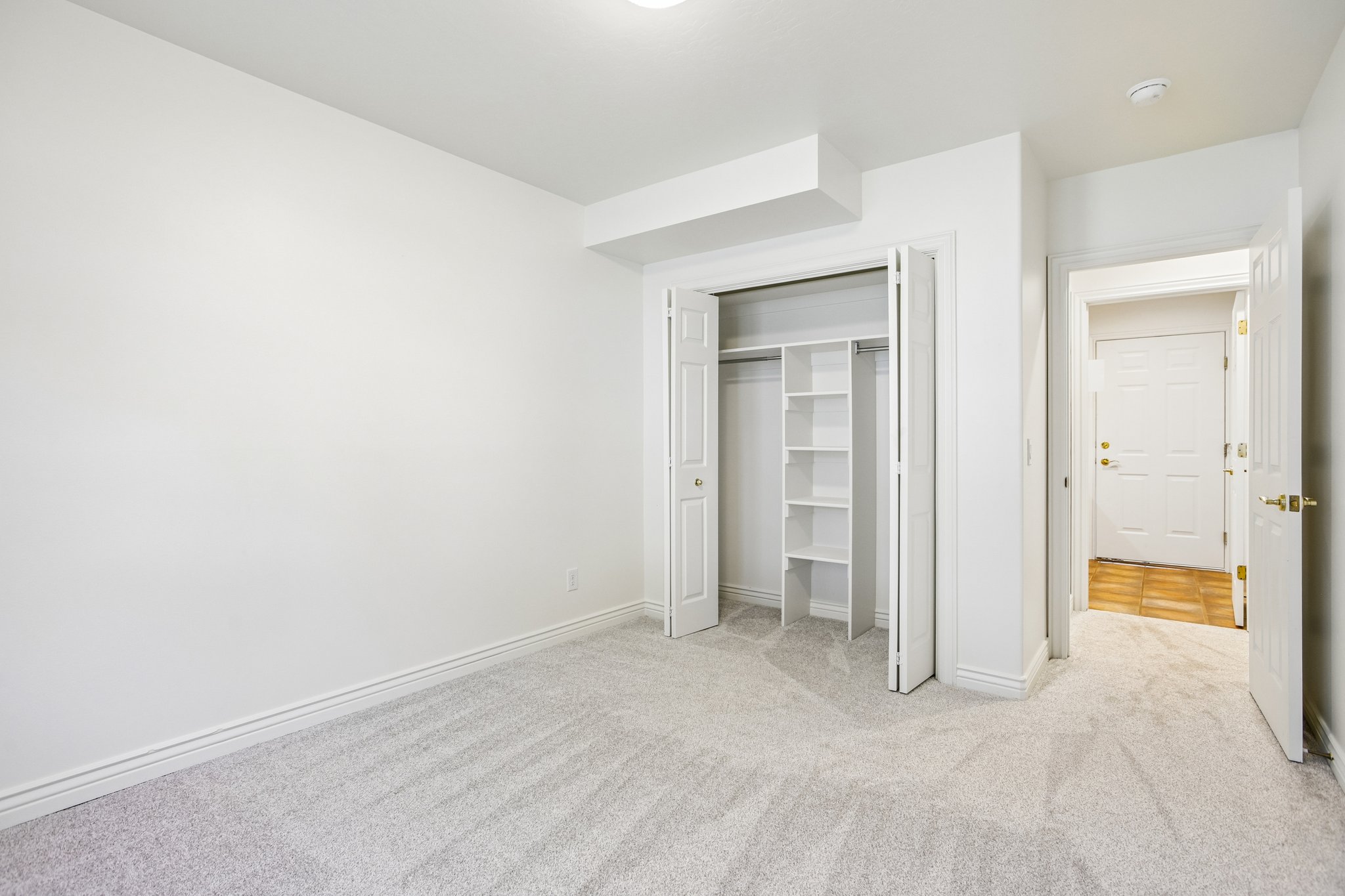 Light gray carpeting, white walls, and white trim throughout