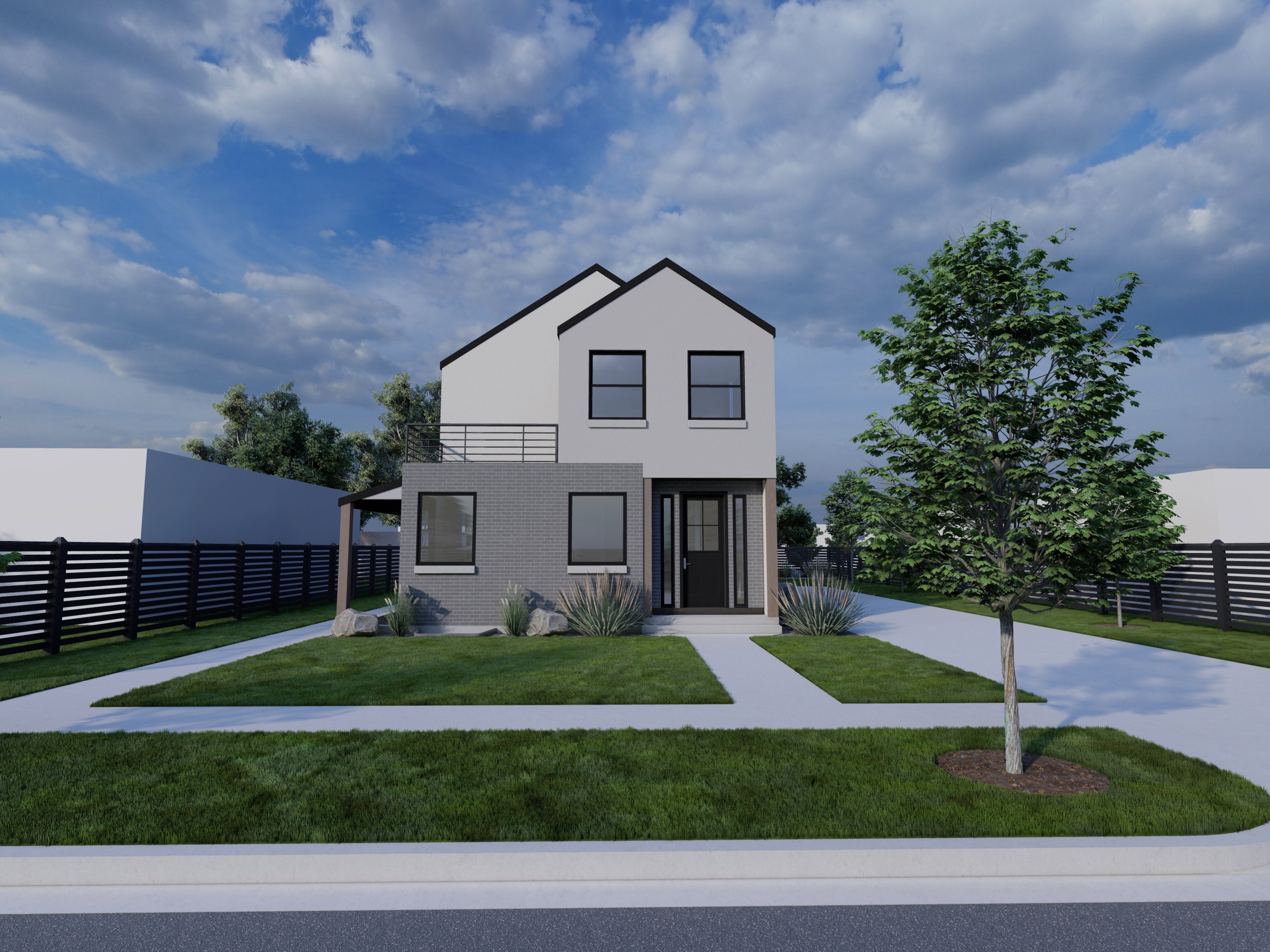 Modern two-story brick and stucco exterior