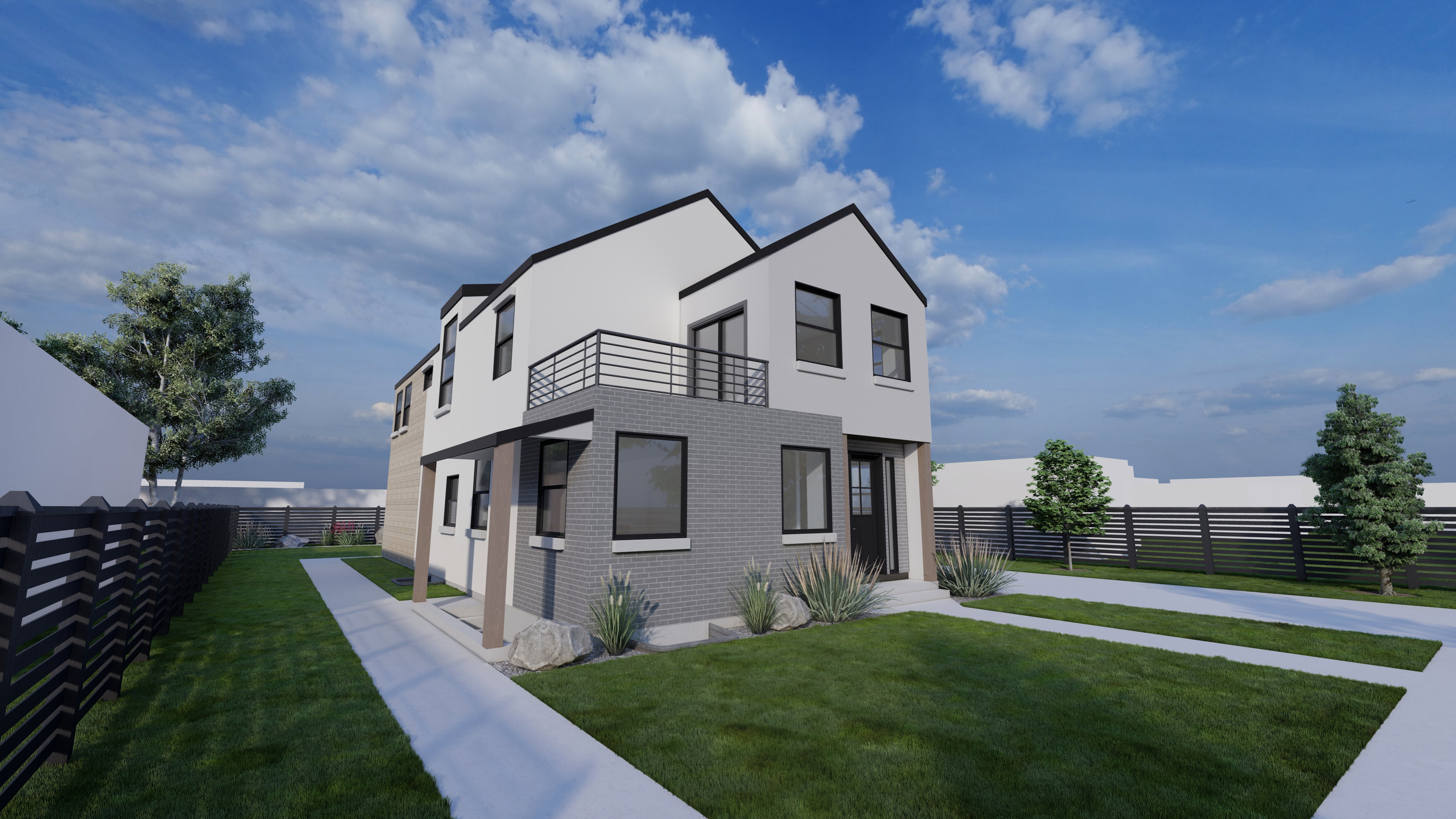 Modern two-story brick and stucco exterior with balcony looking to the East.