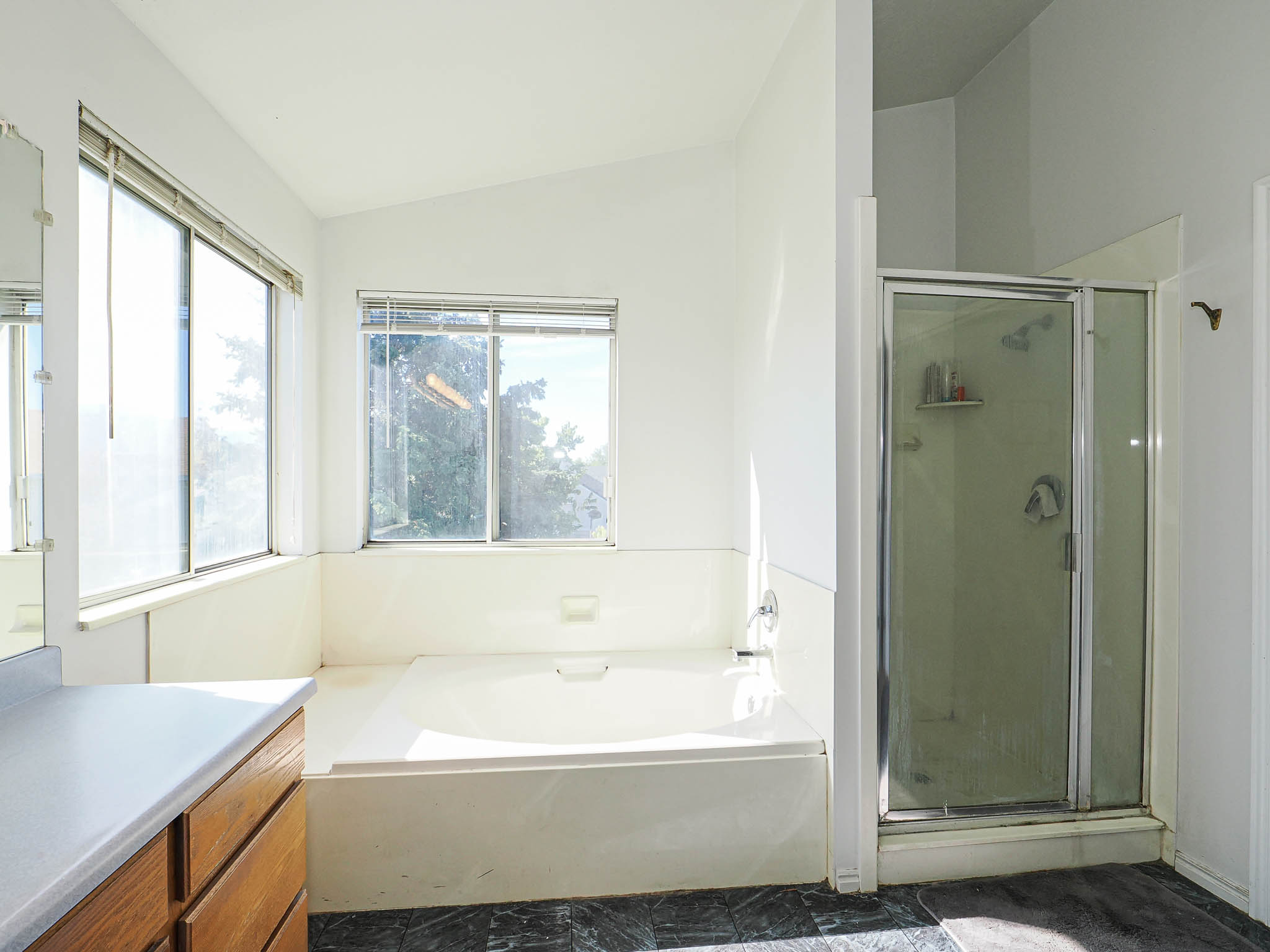 Bathroom featuring an integral soaking tub with windows, a separate glass-enclosed shower, a wood-finish vanity with a light-toned countertop, and dark-toned flooring
