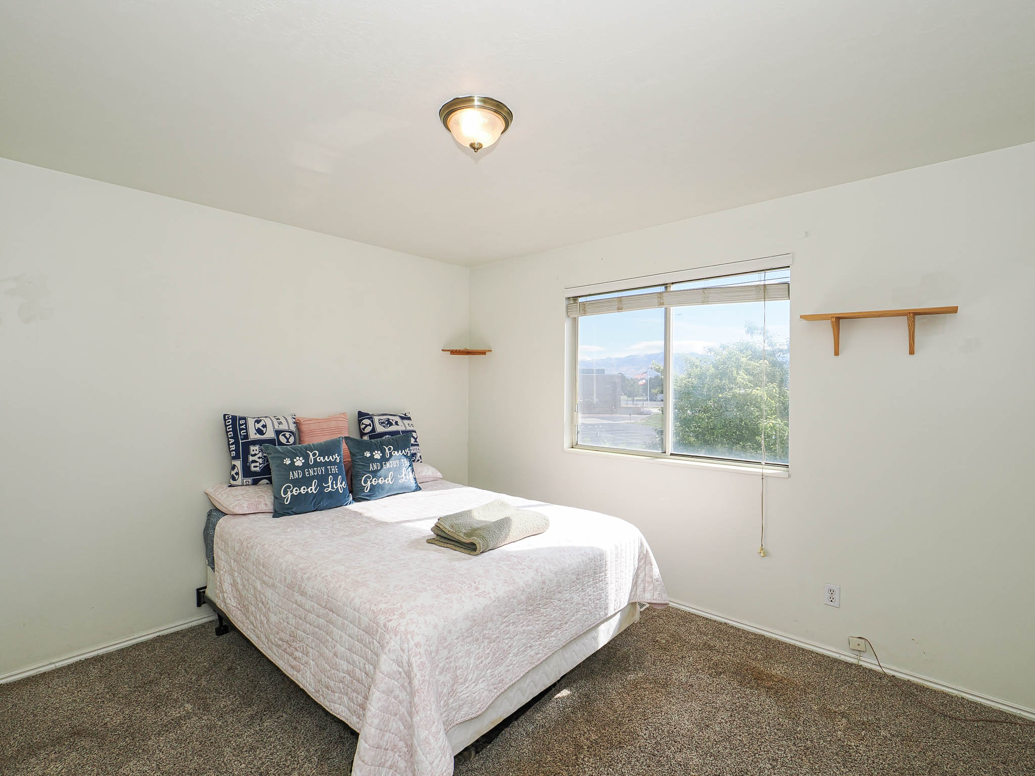 Carpeted room with a ceiling-mounted light fixture, a large window, and two floating wood shelves
