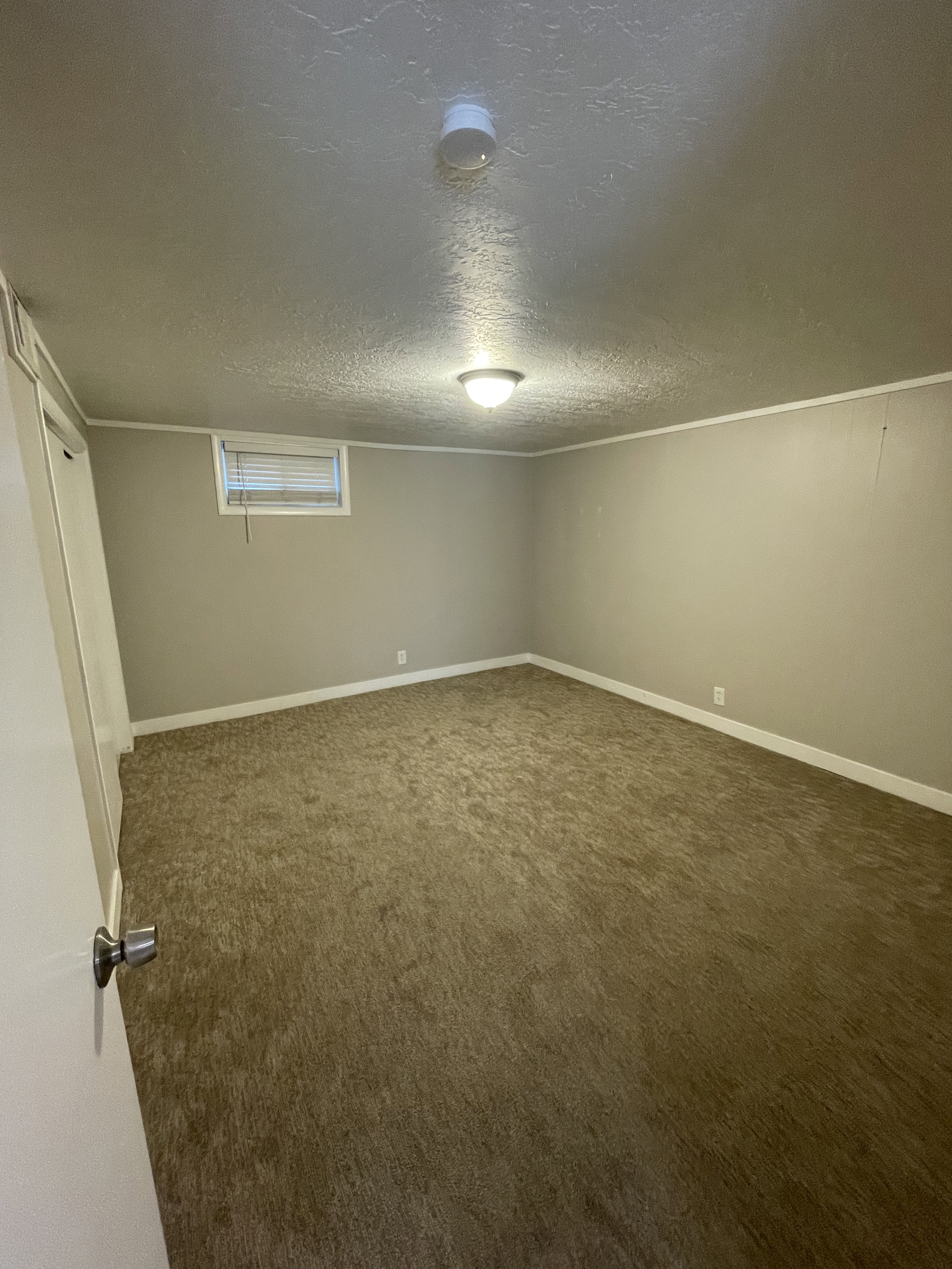 Carpeted room featuring a ceiling-mounted light fixture, a window with horizontal blinds, and baseboard trim