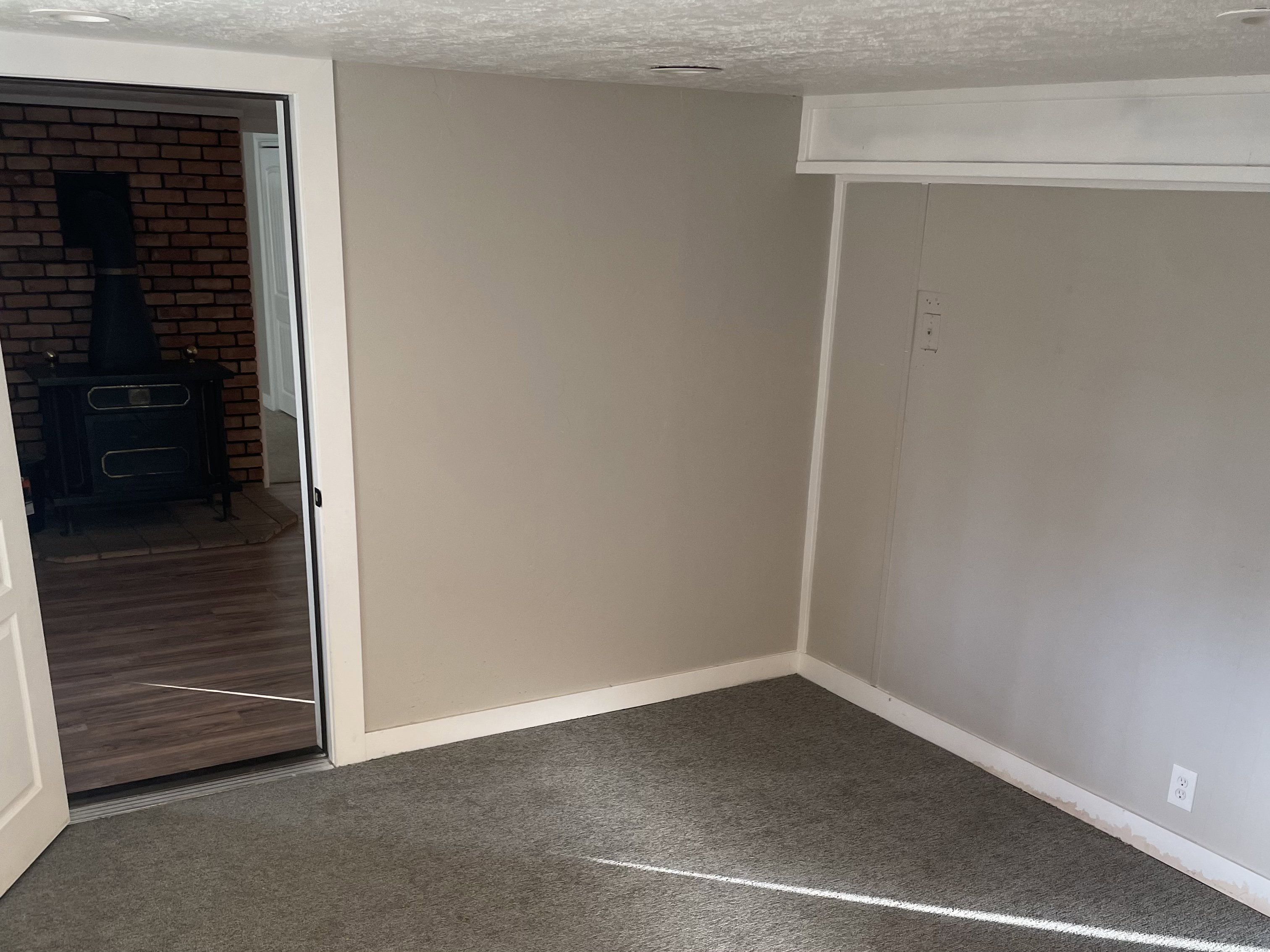 Carpeted room featuring neutral wall paint and white trim